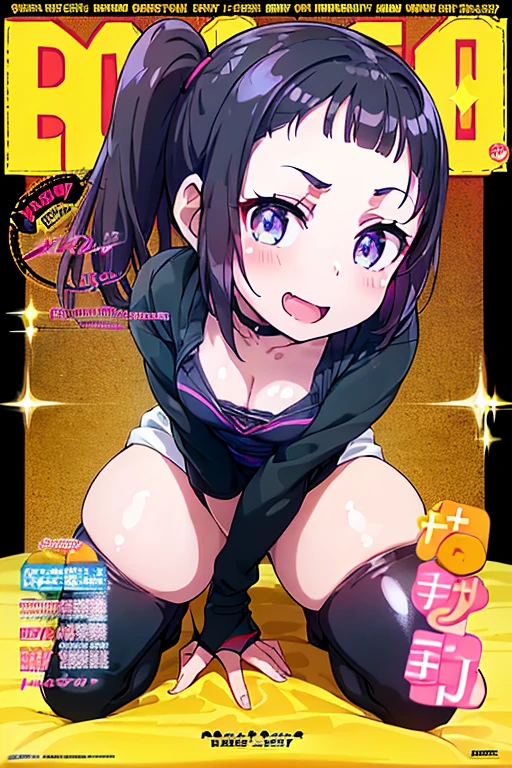 1 girl, small nose, very beautiful detailed face and eyes, bright colors, cute face, delicate beautiful face, Bright magenta eyes, cute eyes, sparkling eyes, Big eyes, (small breasts:1.3), (perky chest:1.1), (pointed chest:1.0), (icecream magazine cover:1.3)，highest quality, WorKs of masters, High resolution,BlacK color hair，shiny hair, side ponytail,hair between eyes,bangs, (black jacket, real clothes, cleavage, black skirts, black thighhighs, thigh strap, fingerless gloves, single glove:1.2) , spread legs, panties shot, medium hips, glamorous body, white skin, smile, thin pubric hair, super beautiful face, Super beautiful eyes, Super beautiful hair，trendy outfit，sexy and attractive,full body esbian, Real World, Natural light,perfect Natural light,(with sparkling eyes and a contagious smile), This masterpiece is not only visually stunning but also tells, make of cake cooking , in the kitchen, open mouth, looking at viewer,
