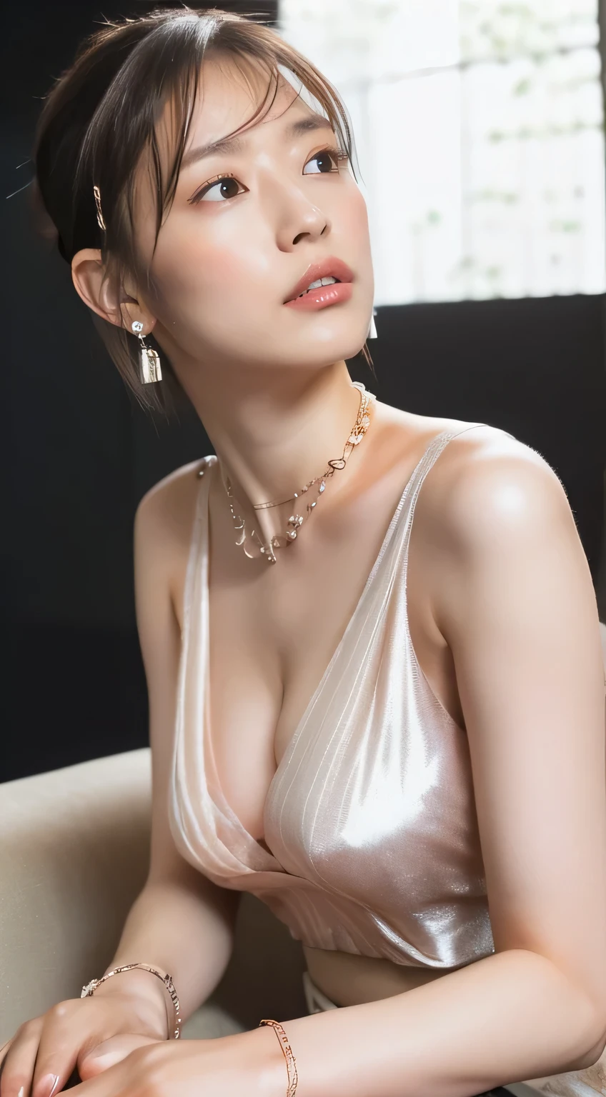 (Elegant clothes with floral print, No bra, Nipples, Show beautiful thighs:1.5),

((29-year-old, Elegant woman, Sexy body:1.2)),
((She looks like she wants to be kissed.:1.2)),

((I love you?, I want to kiss you?, I want to fuck you?, cheat with me?:1.2)),
((Where are you touching? You&#39;re so naughty.！,Your dick is getting hard,You were thinking about something naughty:1.5)),
((I&#39;m always thinking of you, I love you, Hold Me:1.2)),
((Come closer to me, kiss my chest, If you touch me that much I&#39;ll feel it:1.5)),

((Stylish living room, Foliage plant, Black Wall, Complete darkness, The night view can be seen from the large window:1.2)), 
((Sitting cross-legged on a chair in an empty room)),

Eye focus, Narrow shoulders, Beautiful clavicle, Long, slender legs, The back of the hand is beautiful and feminine, 
Slender figure, A soft belly, Thin waist, 
Ultra detailed face, Ultra detailed breasts, Ultra-detailed skin, Fair skin, Glossy Skin, 
Slim face contour, Beautiful small face, Beautiful straight nose, 
Ultra-detailed eyes, Slit eyes, Brown eyes, double eyelid, Beautiful thin eyebrows, Thin, long eyelashes, 
Ultra-detailed lips, Fuller lips, Glossy pink lips, Flushed Cheeks, White teeth, 
Beautiful actress&#39;s languid make-up, Pink lipstick, 
Dark Brown Hair, Delicate soft hair, 
(Put your hair up, Medium Short Hair, Layered:1.2), (Blunt bangs:1.2), 
(Stylish looking earrings,necklace,bracelet,shiny nail art:1.2), 

((Squinting)), 
((pursing lips)),
((Fingers touching lips)), 
((Blushing)), 

