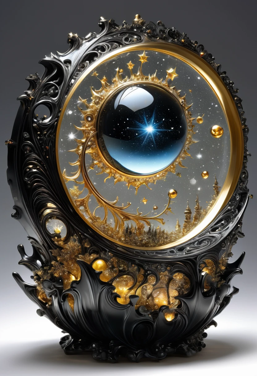 Liquid Metal, By Alexander Jansson and Jean Baptiste Monge and Mark Brooks || A beautiful liquid metal obsidian transparent crystal star, inside of it is a beautiful intricate glowing never-ending HUGE spiral SPIRALING golden portal made of stars constellations crystals and golden glitter with cities and fossils built into it, intricate, hyperdetailed, maximalist beautiful