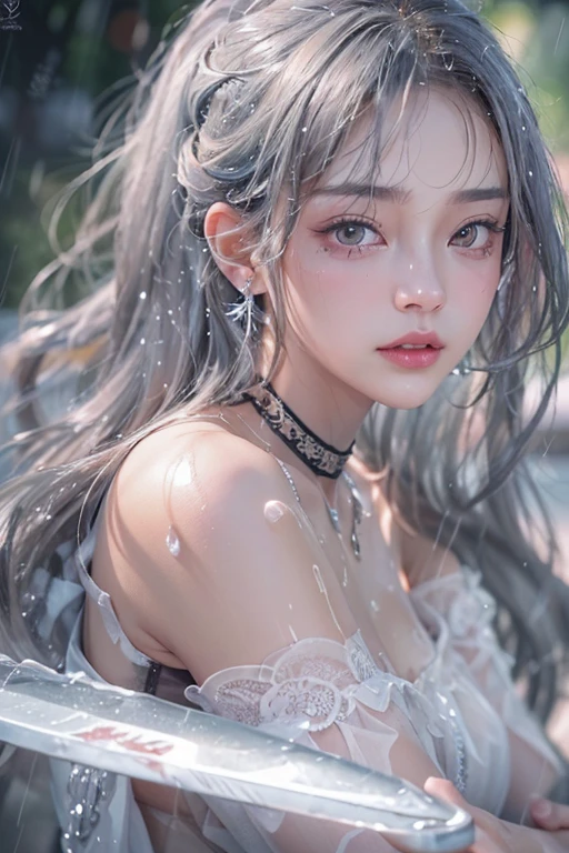 (masterpiece:1.3), (8k, Photorealistic, Raw photo, Best image quality: 1.4), Fair-skinned fairy woman、Long Haircut、Cleavage:2.0、Super detailed face、Attention to detail、age 17, double eyelid、Put your chest together、Sharp focus:1.2、Beautiful woman:1.4、Silvery white hair、highest quality、masterpiece、超A high resolution、(Photorealistic:1.4)、Highly detailed and professionally lit smile、Loose, light, Shoulder out、thin、Serious expression、Short-haired、Deadly position, gorgeous accessories, one person (RAW shooting, Photoreal:1.5, 8K, highest quality, masterpiece, ultra high resolution), perfect dynamic composition:1.2, (In front of a city building at night in a modern city, expression of sadness:0.9, Tears are flowing:0.9, cry with a broken heart:0.9), Highly detailed skin and facial textures:1.2, Slim office lady wet in the rain:1.3, Fair skin:1.2, sexy beauty:1.1, perfect style:1.2, beautiful and aesthetic:1.1, very beautiful face:1.2, water droplets on the skin, (rain drips all over my body:1.2, wet body:1.2, wet hair:1.3), Wearing a wet white blouse correctly:1.35), (Medium chest, Bra is transparent, Chest gap), choker necklace , earrings, bracelet, wear jeans,
