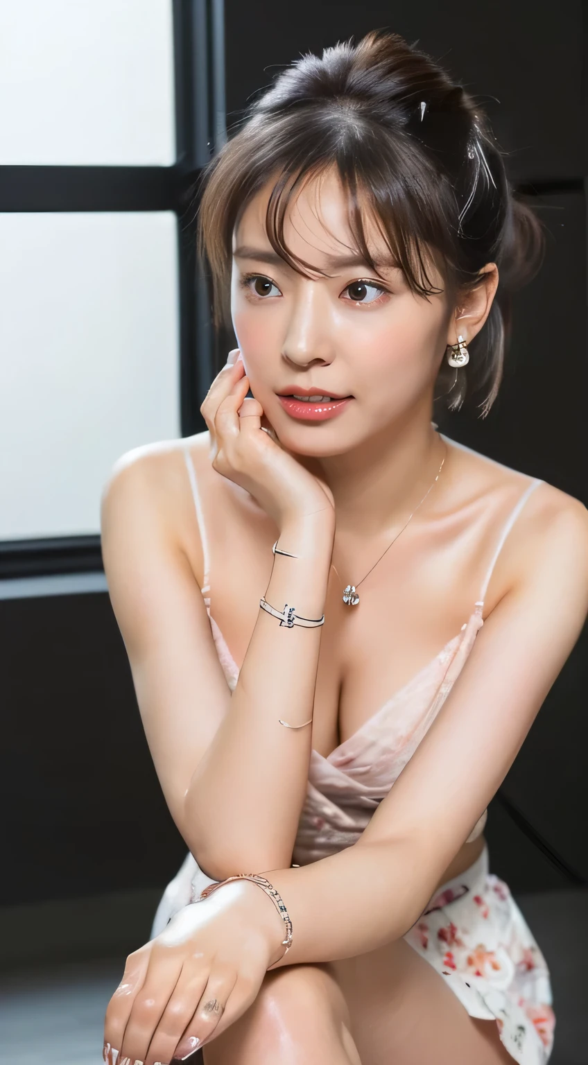 (Elegant clothes with floral print, No bra, Nipples, Show beautiful thighs:1.5),

((29-year-old, Elegant woman, Sexy body:1.2)),
((She looks like she wants to be kissed.:1.2)),

((I love you?, I want to kiss you?, I want to fuck you?, cheat with me?:1.2)),
((Where are you touching? You&#39;re so naughty.！,Your dick is getting hard,You were thinking about something naughty:1.5)),
((I&#39;m always thinking of you, I love you, Hold Me:1.2)),
((Come closer to me, kiss my chest, If you touch me that much I&#39;ll feel it:1.5)),

((Stylish living room, Foliage plant, Black Wall, Complete darkness, The night view can be seen from the large window:1.2)), 
((sitting cross-legged on the floor:1.3)),

Eye focus, Narrow shoulders, Beautiful clavicle, Long, slender legs, The back of the hand is beautiful and feminine, 
Slender figure, A soft belly, Thin waist, 
Ultra detailed face, Ultra detailed breasts, Ultra-detailed skin, Fair skin, Glossy Skin, 
Slim face contour, Beautiful small face, Beautiful straight nose, 
Ultra-detailed eyes, Slit eyes, Brown eyes, double eyelid, Beautiful thin eyebrows, Thin, long eyelashes, 
Ultra-detailed lips, Fuller lips, Glossy pink lips, Flushed Cheeks, White teeth, 
Beautiful actress&#39;s languid make-up, Pink lipstick, 
Dark Brown Hair, Delicate soft hair, 
(Put your hair up, Medium Short Hair, Layered:1.2), (Blunt bangs:1.2), 
(Stylish looking earrings,necklace,bracelet,shiny nail art:1.2), 

((Squinting)), 
((pursing lips)),
((Fingers touching lips)), 
((Blushing)), 

