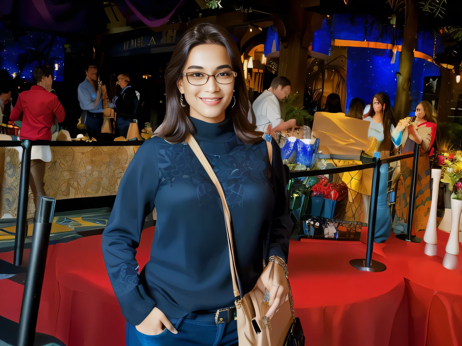 A beautiful Brazilian woman, wearing glasses, confident with white tanned skin and medium length dark hair, hair is styled loose, wearing blue jeans and a black collared shirt, a beige bag hanging on her shoulder, She is smiling slightly and appears to be posing for the photo. Behind her is a lively scene with other people engaged in various activities; some are shopping at stalls, while others appear to be enjoying a casual meeting or event. The room has an indoor feel with warm lighting and decorative elements that suggest a festive, casually dressed Disney Spring ambience in front of the T-REX restaurant in Disney Spring, wearing a black turtleneck sweater. She is around 40 years old, 162 cm tall and weighs 56 kg. Her body exudes glamor and her face is a definition of beauty. Slender body, thin waist. Highly realistic, hyperrealism, very elaborate skin, hyperrealism, high quality photo. Sharp Photo, High Resolution, High Quality, Masterpiece, 16K Photo, Sharp Photo, High Contrast, Masterpiece, (Photographically Realistic), 16k, NUDE, NUDITY, NFSW.