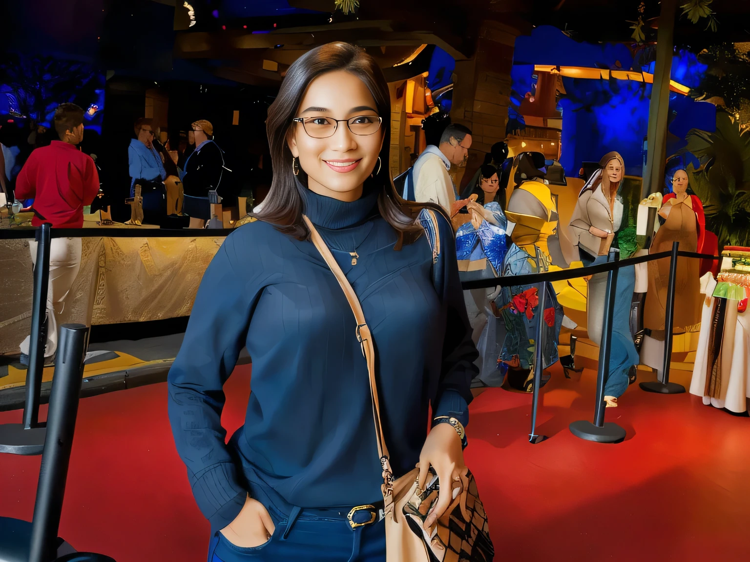A beautiful Brazilian woman, wearing glasses, confident with white tanned skin and medium length dark hair, hair is styled loose, wearing blue jeans and a black collared shirt, a beige bag hanging on her shoulder, She is smiling slightly and appears to be posing for the photo. Behind her is a lively scene with other people engaged in various activities; some are shopping at stalls, while others appear to be enjoying a casual meeting or event. The room has an indoor feel with warm lighting and decorative elements that suggest a festive, casually dressed Disney Spring ambience in front of the T-REX restaurant in Disney Spring, wearing a black turtleneck sweater. She is around 40 years old, 162 cm tall and weighs 56 kg. Her body exudes glamor and her face is a definition of beauty. Slender body, thin waist. Highly realistic, hyperrealism, very elaborate skin, hyperrealism, high quality photo. Sharp Photo, High Resolution, High Quality, Masterpiece, 16K Photo, Sharp Photo, High Contrast, Masterpiece, (Photographically Realistic), 16k, NUDE, NUDITY, NFSW.