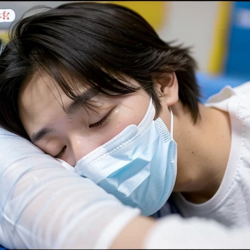Handsome kindergarten boy with infectious disease、Appearance of suffering. He is wearing a white mask. He has a high fever. he is sleeping. He has a cough. He is exhausted. He is taking his temperature with a thermometer. He is dying. He is cooling his forehead with a cooling gel sheet..