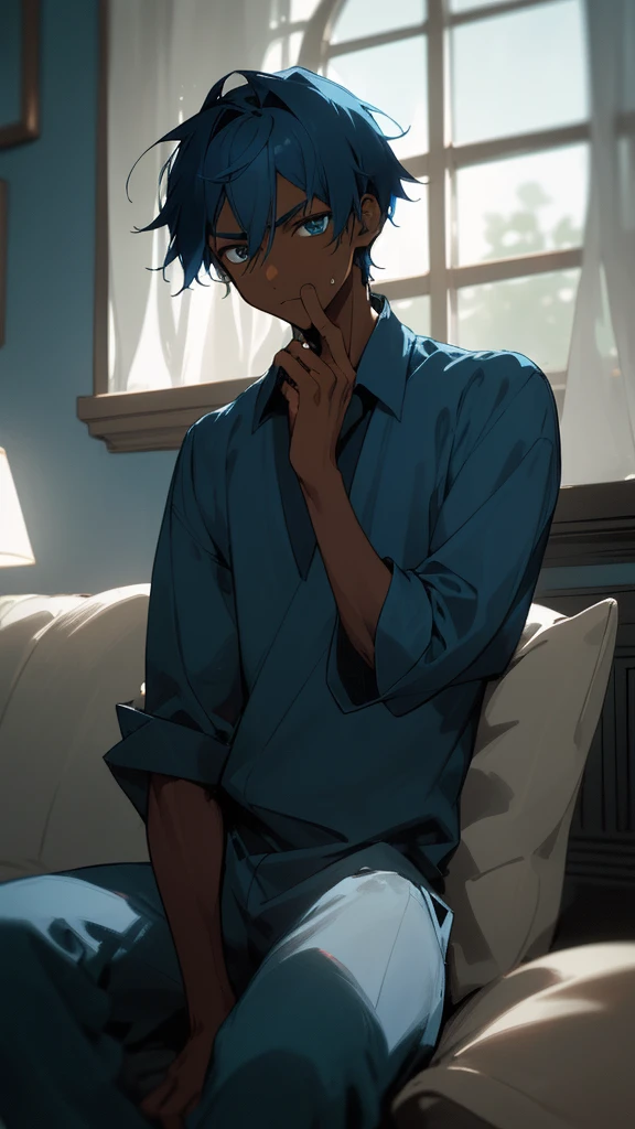 Young dark-skinned boy with a serious and sickly face, seated on a blue sofa in a tranquil living room with soothing blue ambiance. Faint moonlight seeps through the window, casting a bluish tint on the blurred image background. The boy wears a crisp blue blouse, which contrasts sharply with his dark complexion, giving off a sense of vulnerability. His pose suggests a deep thought or concern etched onto his face, making the image somewhat emotionally charged.
