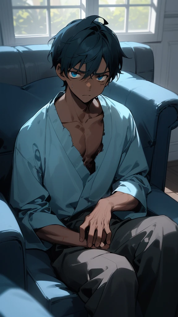 Young dark-skinned boy with a serious and sickly face, seated on a blue sofa in a tranquil living room with soothing blue ambiance. Faint moonlight seeps through the window, casting a bluish tint on the blurred image background. The boy wears a crisp blue blouse, which contrasts sharply with his dark complexion, giving off a sense of vulnerability. His pose suggests a deep thought or concern etched onto his face, making the image somewhat emotionally charged.