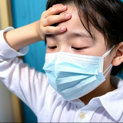 Handsome kindergarten boy with infectious disease、Appearance of suffering. He is wearing a white mask. He has a high fever. he is sleeping. He has a cough. He is exhausted. He is taking his temperature with a thermometer. He is dying. He is cooling his forehead with a cooling gel sheet..