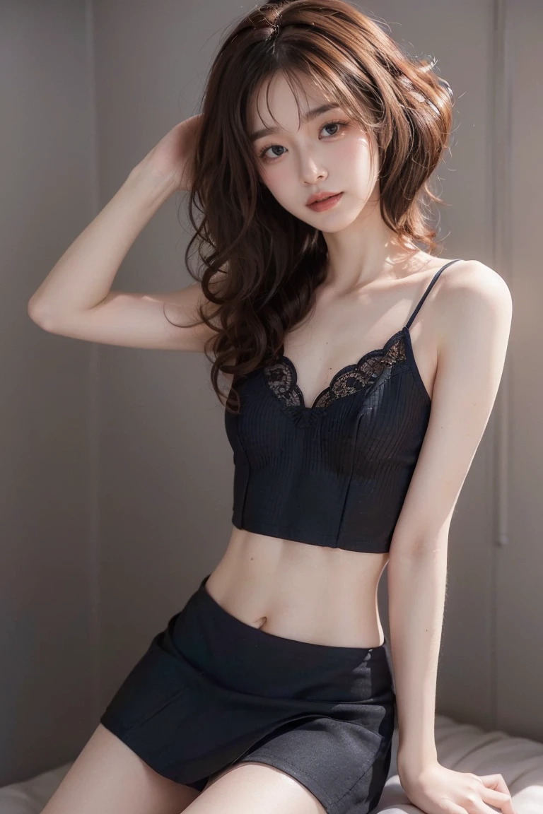 ((((8k))),((Extremely detailed CG)) ,(wallpaper),16k,((Very sophisticated and beautiful))，(((masterpiece))),(((highest quality))),(((超High resolution))),Beautiful lighting,Perfect Lightning,Realistic shadows,[High resolution],(Smooth and perfect white skin:1.5),(Pale skin:1.3),Extremely detailed facial details,(Perfect body:1.1),Super detailed,Beautiful woman,alone,(Dark brown hair、Curly Hair、Gradient Hair:1.5),Thin face,Exquisite makeup,(Small breasts:1.1),Flat Chest,slim,thin,Happy,(smile:0.8),belly button,(Thin legs:1.1),(whole body:1.1),(Black Mini Skirt:1.1),(Gaunt:1.1 ), (Skinny:1.1)