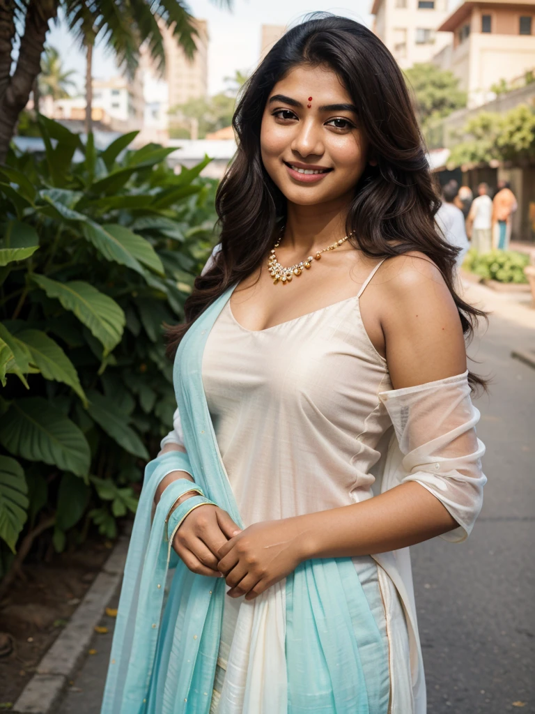 Best quality, masterpiece, super high resolution, pure body, clear pores visible, (smile:0.8), (((desi girl))), chubby face, 24 years old indian bengali girl look like sai pallavi who wearing cyan color indian churidar with light white color dupatta, (realism:1.5), original photo, bare shoulders, in the dark, deep shadows, low-key, cold light, kind face, beautiful light wavy thin hair(not heavy hair), attractive neck, beautiful lip, beautiful-cute brown eyes, light and thin eyebrows, no makeup, wearing light thin necklace in her neck, and smiling.skin color should be chocolate skin and lip light pink color Take her picture from outside of the indian wedding event. Show me her full picture (from head to her leg), indian pose, city indian streets background, bokeh,no dot in her forehead, smile in her face