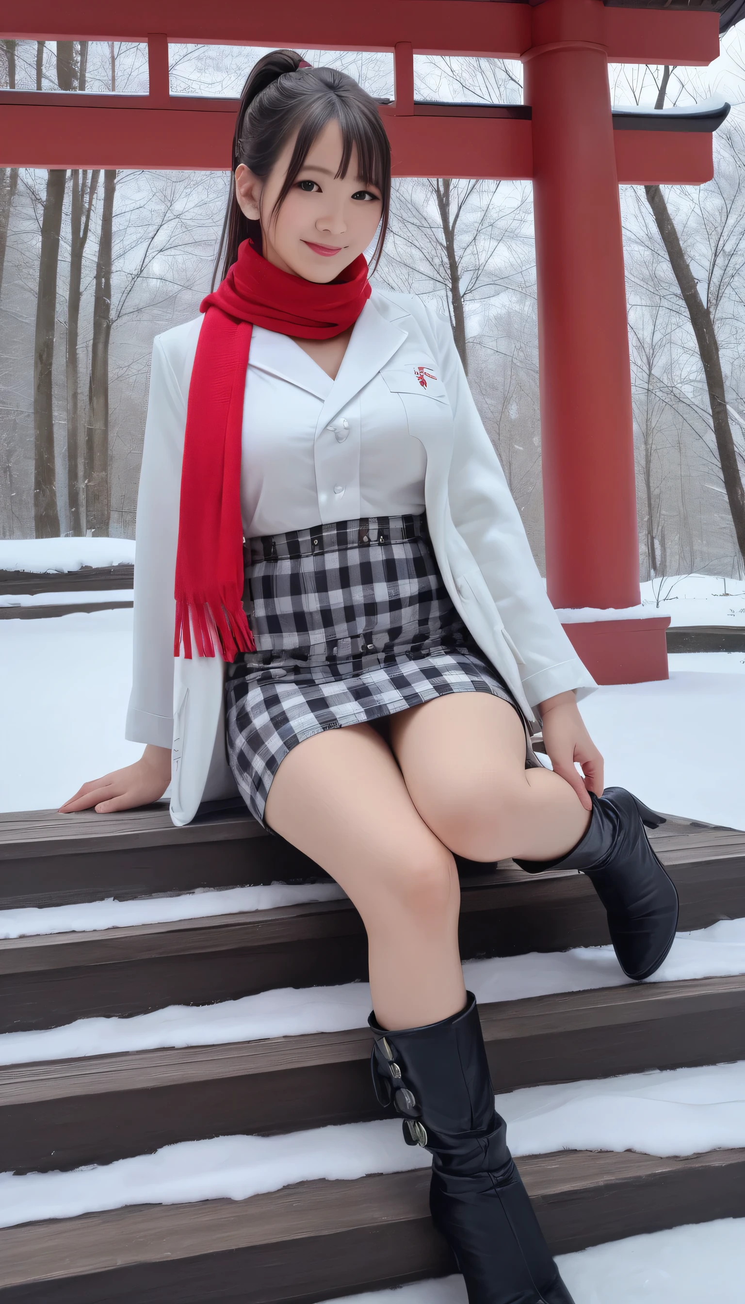 score_7, score_8, score_9,, BREAK, source_real, raw, photo, photography, Pretty Japanese woman, stunning, 1girl, (medium dark brown ponytail), double eyelid, natural medium-large breasts, slender legs, tall body, soft curves, white coat, knit dress shirt, checkered skirt, red scarf, snow heeled boot, sitting on stairs on shrine, snowy shrine, heavy snow on shrine, fashion model posing, unforgettable beauty, look at viewer, sexy smile, closed to up, lifelike rendering, detailed facial features, detailed real skin texture, detailed details