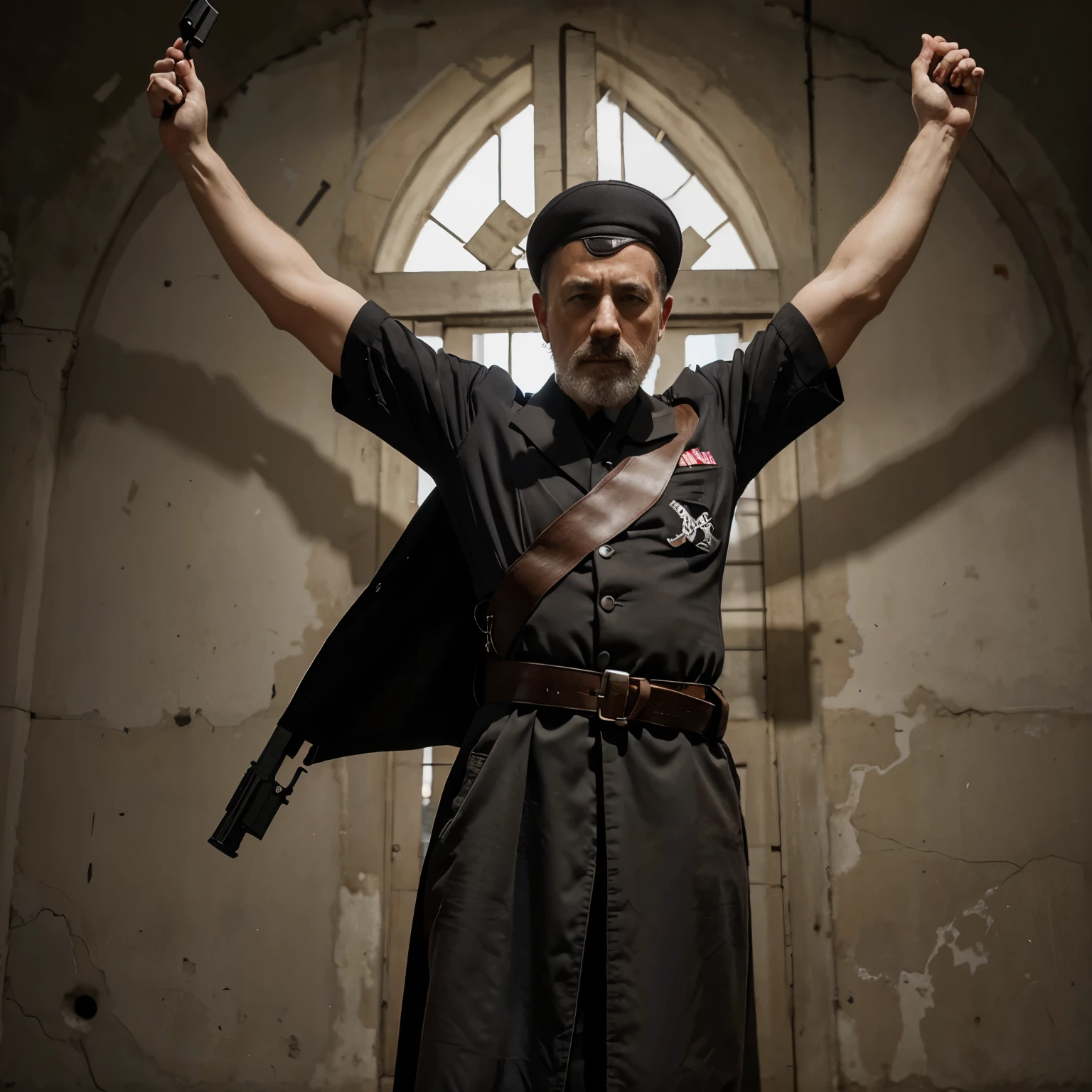 Creates a hyper-realistic image of Hitler dressed as Saint Peter in a cross position with his arms open holding a gun in each hand, con la bandera palestina de fondo
