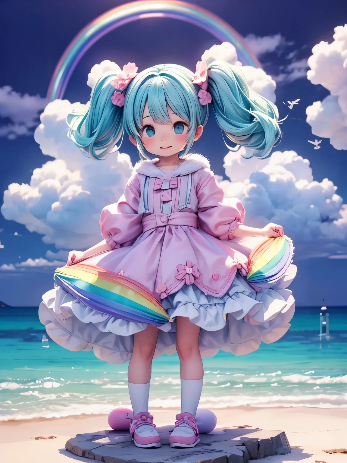 (masterpiece、highest quality、highest quality、Official Art、Beautiful and beautiful:1.2)、(One girl:1.3)Hatsune Miku、Twin tails,Big Breasts,(((Floating in the sky:1.2、One Girl、Standing on the Clouds)))、Pastel clouds、Perfect Anatomy、Small face、Small Nose、Fuller lips、Twin tails、rainbow colored hair、Dirty clothes、Disheveled clothing、It impossible、fly in the sky、(((背景はPastel clouds:1.5、rainbow、Blurred Background)))、highest quality、High resolution、High resolution、Cinema Lighting、Professional Photographer