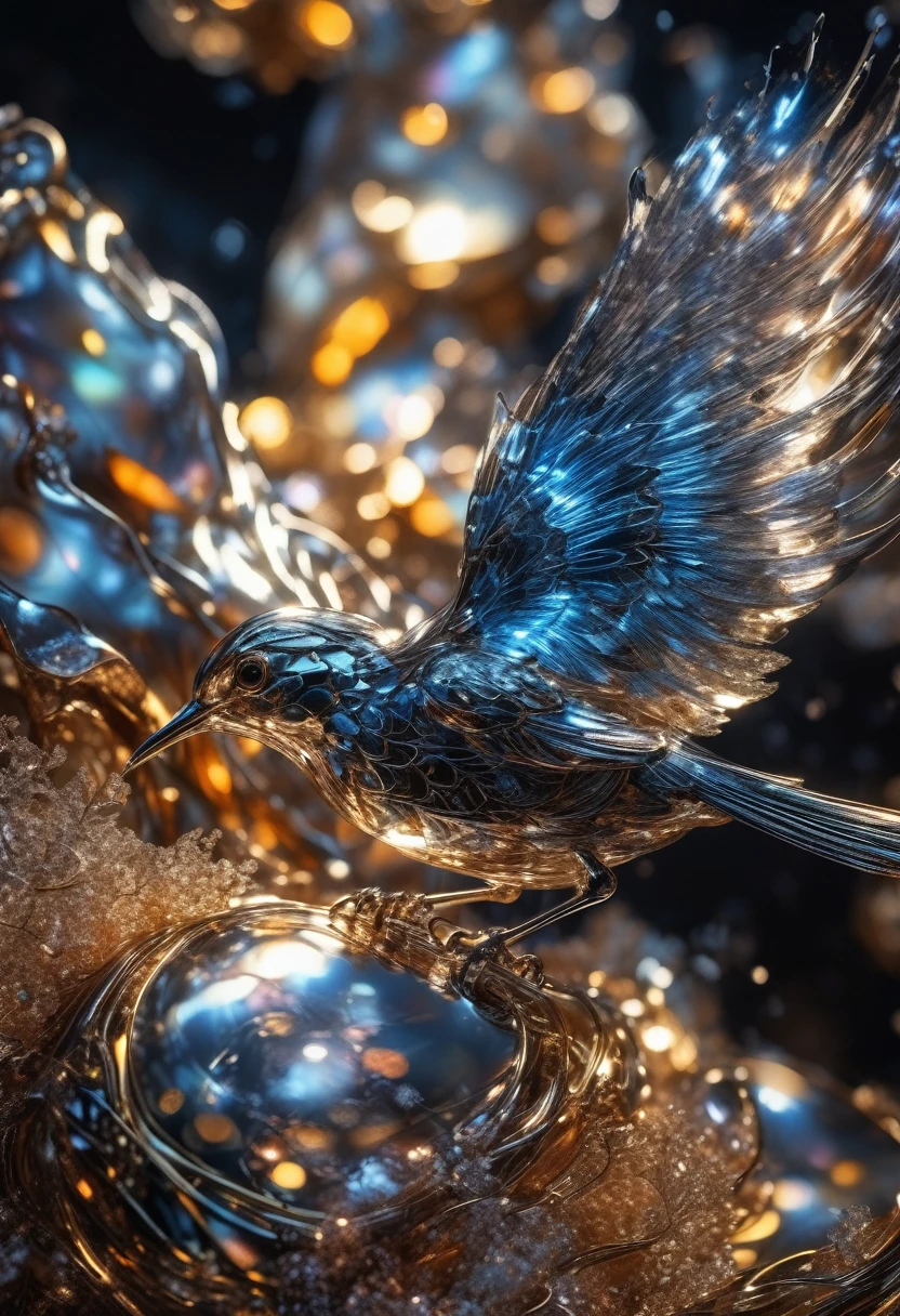 Liquid Metal, glass Mockingbird masterpiece, Light Painting, Glitter, Sparkly, Ektachrome, 360 Panorama, Lens Flare, 3-Dimensional, Beyond-Dimensional, 8K, Geometric, Edge, Strong, Rim Lights, Shiny, Liquid Metal, Lumen Reflections, insanely detailed and intricate, hypermaximalist, elegant, ornate, hyper realistic, expansive realistic