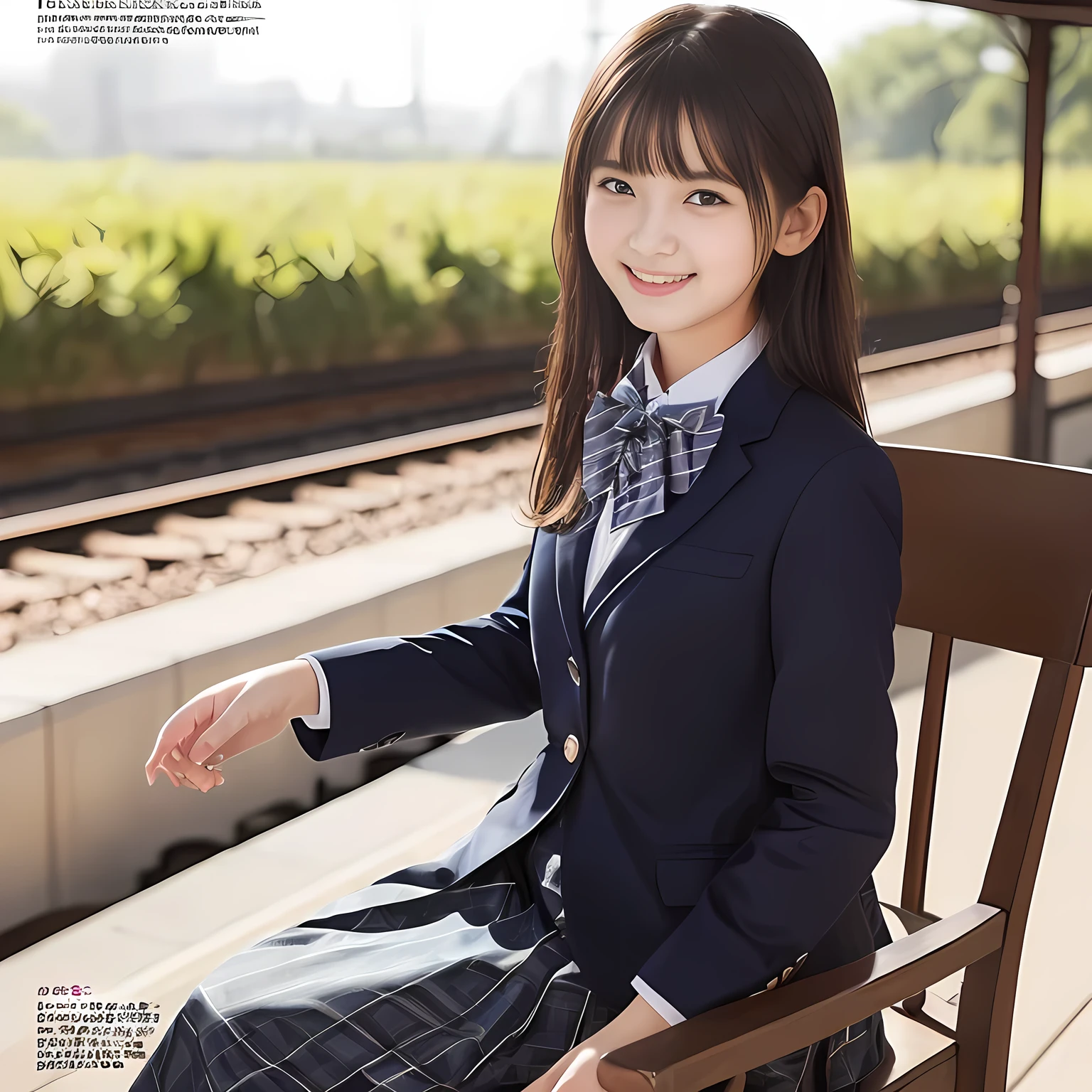 (highest quality, masterpiece:1.2), highest quality, Realistic, photograph, High resolution, 1080p, 8K, Physical Rendering, ((Height: 158cm)), Japanese girl、((((((A 14 year old beautiful Japanese fashion magazine's fashion model is looking straight at the viewer)))))), (((big very detailed beautiful dark brown eyes))), ((((laughing at me!)))), detailed fingers, (((curled blunt bangs))), ((((Very noble and cute eyes, carefully drawn with great attention to detail)))), ((double eyelids)), (((long eyelashes))), ((cute lovely lovely laughing laughing cheeks)), ((The pure white light hits my nose and cheeks. Her eyes and white facial skin shine beautifully white.)), (((((Her facial features are very expressive lovely smile, very sweet, very very intelligent))))), ((((impressive plain navy large school ribbon bow tie in plain)))), ((((black very beautiful and very long hair)))), (blue and navy colored tartan checkered formal long pleated pleated skirt), (((A formal dark blue blazer in solid that is slightly oversized and with a golden emblem))), ((As elegant as a noble princess)), ((Seated on a chair of platform at a rural railway station)), ((Shooting the whole body from the side))