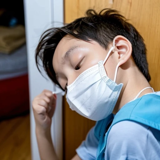 Handsome kindergarten boy with infectious disease、Appearance of suffering. He is wearing a white mask. He has a high fever. he is sleeping. He has a cough. He is exhausted. He is taking his temperature with a thermometer. He is dying. He is cooling his forehead with a cooling gel sheet..