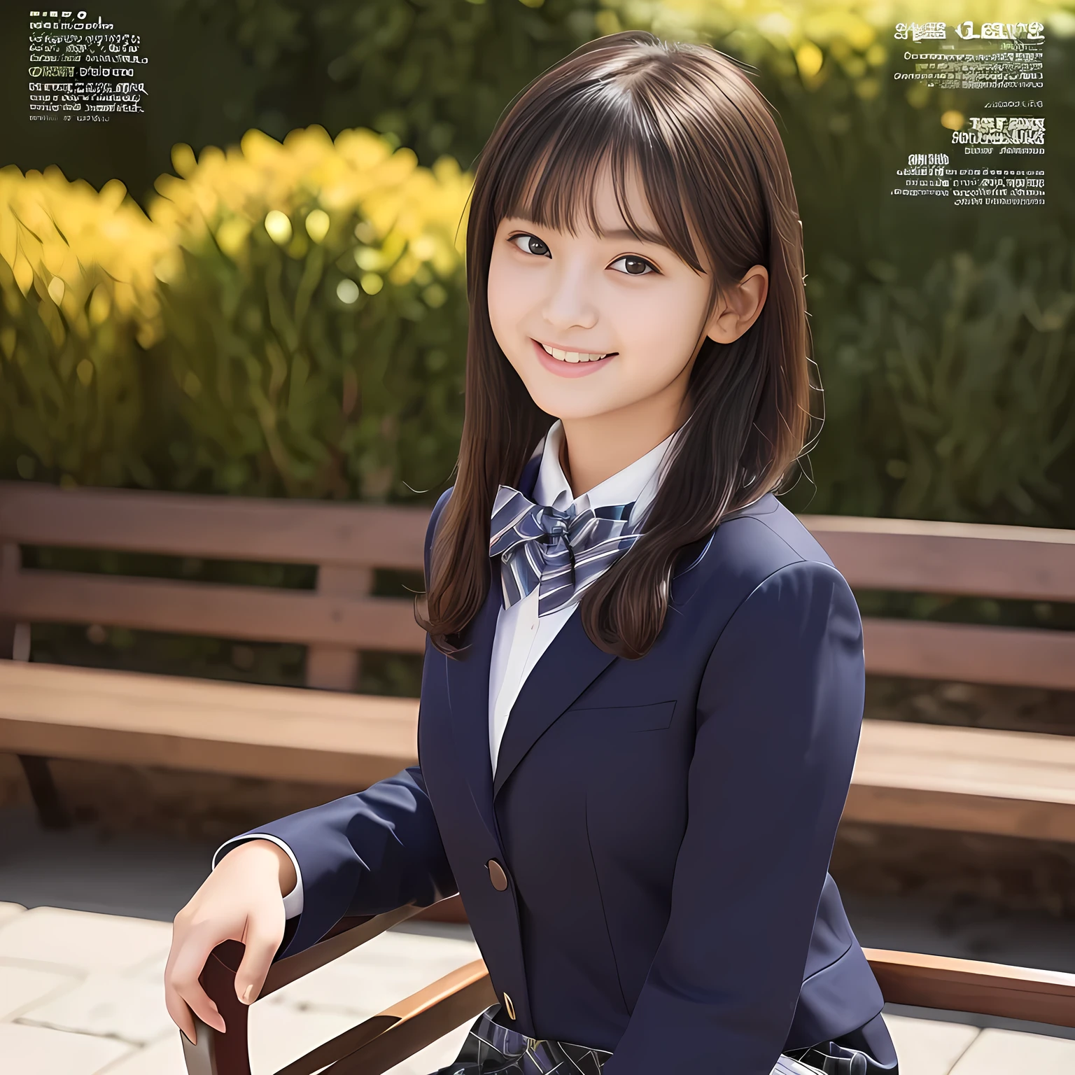 (highest quality, masterpiece:1.2), highest quality, Realistic, photograph, High resolution, 1080p, 8K, Physical Rendering, ((Height: 158cm)), Japanese girl、((((((A 14 year old beautiful Japanese fashion magazine's fashion model is looking straight at the viewer)))))), (((big very detailed beautiful dark brown eyes))), ((((laughing at me!)))), detailed fingers, (((curled blunt bangs))), ((((Very noble and cute eyes, carefully drawn with great attention to detail)))), ((double eyelids)), (((long eyelashes))), ((cute lovely lovely laughing laughing cheeks)), ((The pure white light hits my nose and cheeks. Her eyes and white facial skin shine beautifully white.)), (((((Her facial features are very expressive lovely smile, very sweet, very very intelligent))))), ((((impressive plain navy large school ribbon bow tie in plain)))), ((((black very beautiful and very long hair)))), (blue and navy colored tartan checkered formal long pleated pleated skirt), (((A formal dark blue blazer in solid that is slightly oversized and with a golden emblem))), ((As elegant as a noble princess)), ((Seated on a chair of platform at a rural railway station)), ((Shooting the whole body from the side))
