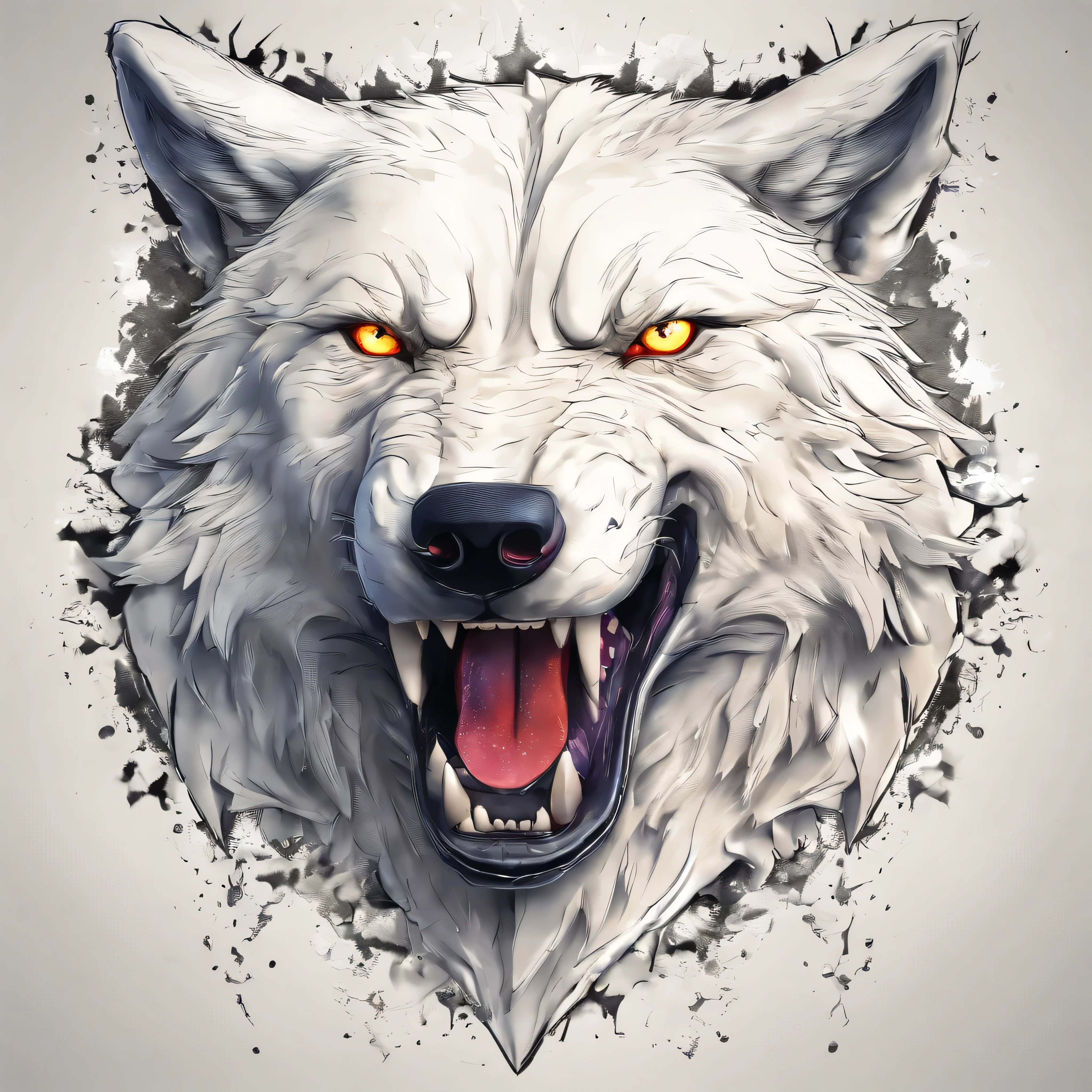 White realistic wolf tattoo art (((odd-eyes))) With ink splatter sketch effect ,He opened his mouth and said,,,,、Looks very fiercely angry,T-shirt logo