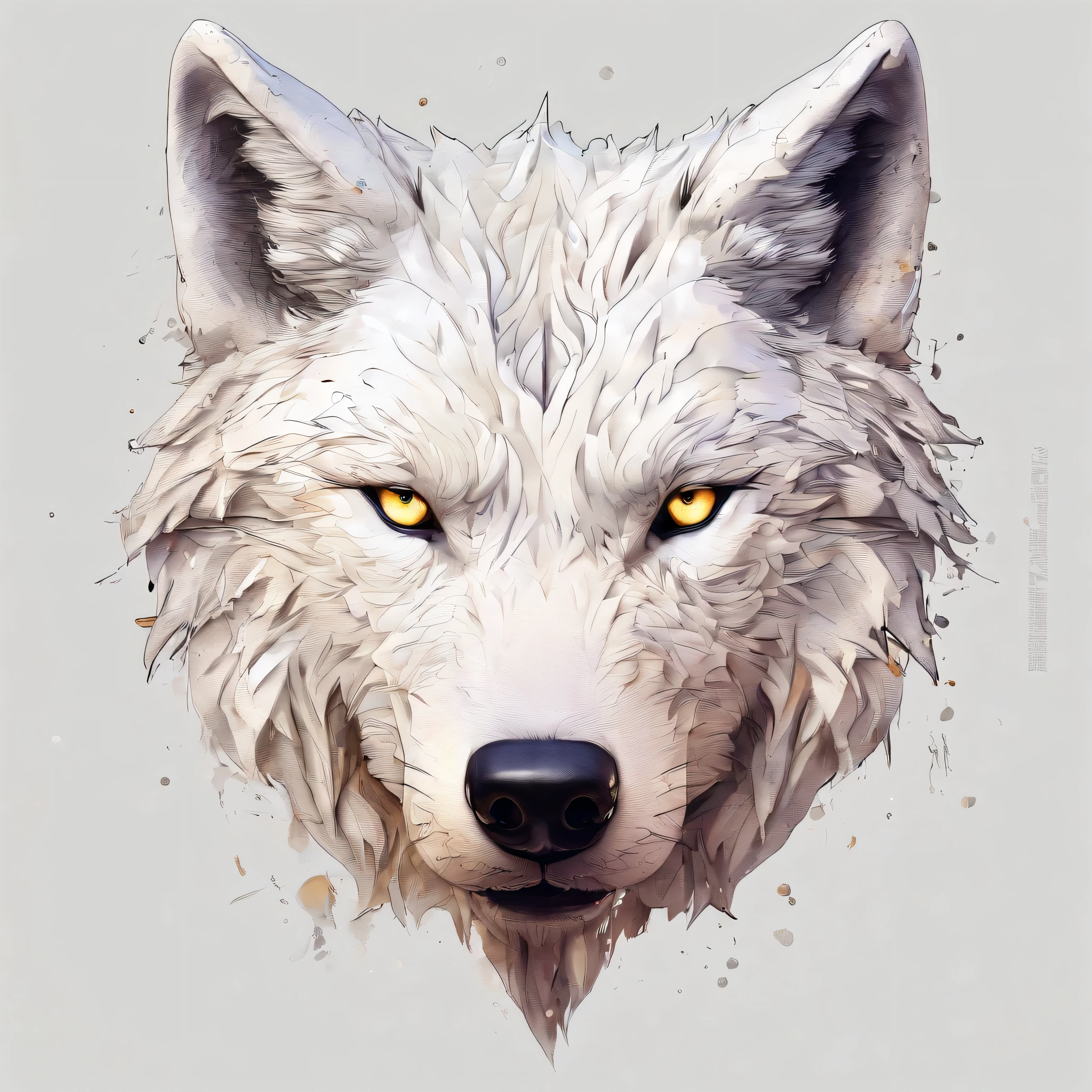 White realistic wolf tattoo art (((odd-eyes))) With ink splatter sketch effect ,He opened his mouth and said,,,,、Looks very fiercely angry，T-shirt logo