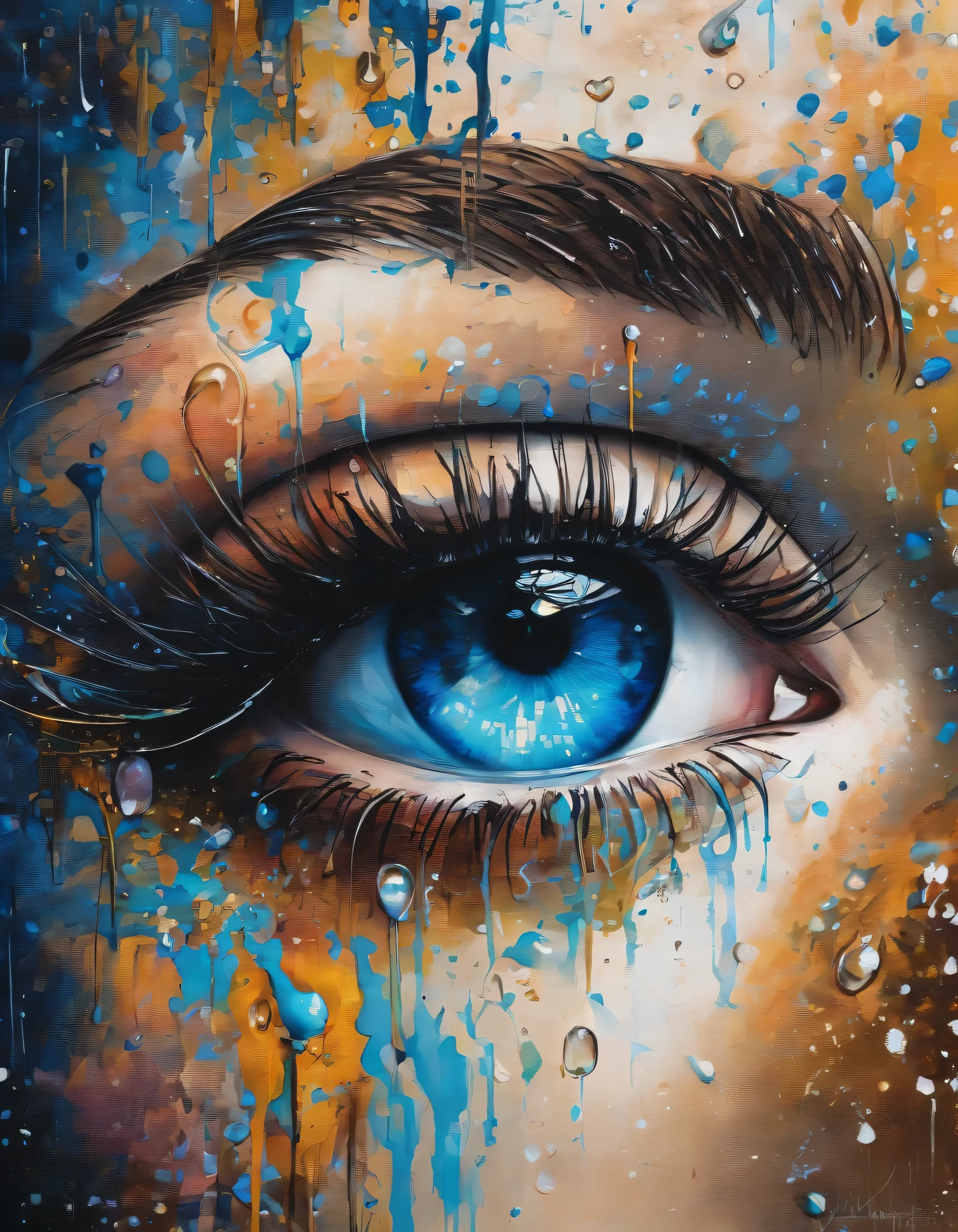 Tears from eyes, close up, Blue eyes,Detailed eyelashes, Sparkling tears, Thin water droplets, Sparkling reflections, Emotional outlook, Crystal clear eyes, Expressive emotions, Intense focus, Captivating look, Strong symbolism, Sad beauty, Hidden sadness, Transcendent art, dynamic composition, which is athiri, Soft lighting, Vibrant colours, Cinematic quality, Charming realism, Brilliantly presented, High definition masterpiece, Realistic picture, Realistic details, Emotional depth, Serial interpretation, Intimate connection, Heart weakness, Deep storytelling, A touching novel, Sexy essence, Solitary meditation, Timeless elegance, Sensitive touches, Fragile beauty, Agony and grace, Purity of human feelings, Powerful images, Breathtaking photos.