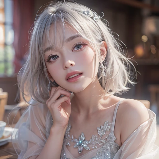 (masterpiece:1.3), (8k, Realistic, RAW Photos, Best image quality: 1.4), Fair-skinned fairy woman、short hair、Cleavage:2.0、Highly detailed face、Attention to detail、double eyelid、Sharp focus:1.2、Beautiful woman:1.4、Silvery white hair、highest quality、masterpiece、Ultra-high resolution、(Realistic:1.4)、Highly detailed and professionally lit smiles、Loose, Light,Japanese high 、 one person、whole body,　I eat breakfast 
