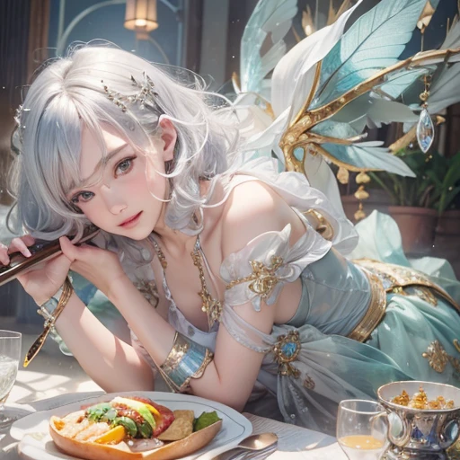 (masterpiece:1.3), (8k, Realistic, RAW Photos, Best image quality: 1.4), Fair-skinned fairy woman、short hair、Cleavage:2.0、Highly detailed face、Attention to detail、double eyelid、Sharp focus:1.2、Beautiful woman:1.4、Silvery white hair、highest quality、masterpiece、Ultra-high resolution、(Realistic:1.4)、Highly detailed and professionally lit smiles、Loose, Light,Japanese high 、 one person、whole body, I eat breakfast