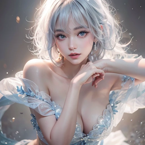 (masterpiece:1.3), (8k, Realistic, RAW Photos, Best image quality: 1.4), Fair-skinned fairy woman、short hair、Cleavage:2.0、Highly detailed face、Attention to detail、double eyelid、Sharp focus:1.2、Beautiful woman:1.4、Silvery white hair、highest quality、masterpiece、Ultra-high resolution、(Realistic:1.4)、Highly detailed and professionally lit smiles、Loose, Light,Japanese high 、 one person、whole body, I eat breakfast