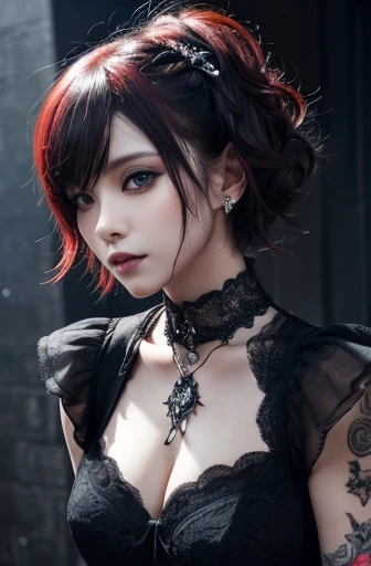 highest quality、8k、masterpiece：1.3、Gothic Punk、The inside color is red、Gray Black Hair、short hair, hair ornaments、Beautiful girl、creative、Dark Fantasy Style、Neogoth、punk shirt fashion：1.2、High resolution、masterpiece、highest quality、頭w:1.3、((Hasselblad Photos))、Fine skin、Sharp focus、(Cinematic lighting)、Realistic texture, Chest to chest, real raven beside her