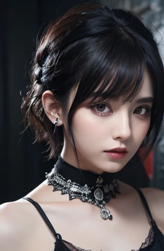 highest quality、8k、masterpiece：1.3、Gothic Punk、The inside color is red、Gray Black Hair、short hair, hair ornaments、Beautiful girl、creative、Dark Fantasy Style、Neogoth、punk shirt fashion：1.2、High resolution、masterpiece、highest quality、頭w:1.3、((Hasselblad Photos))、Fine skin、Sharp focus、(Cinematic lighting)、Realistic texture, Chest to chest, real raven beside her