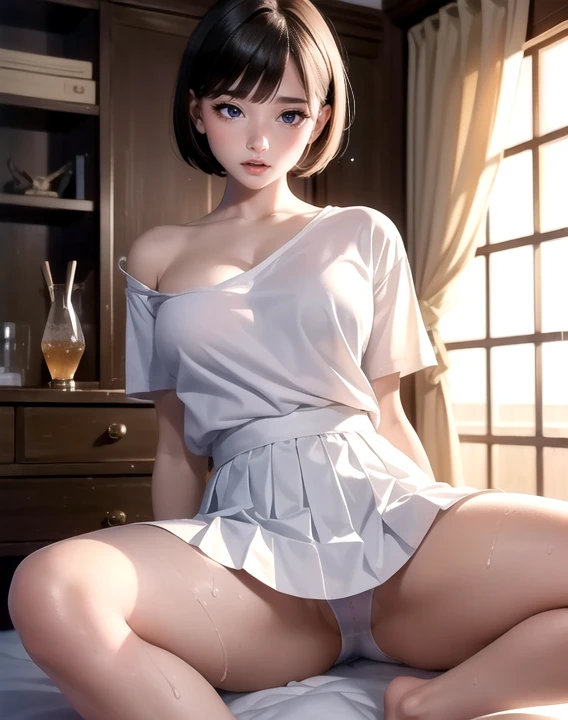 20 year old Japanese woman,(非常にdetailedな肌),Curvy,,美しいBig Breasts,(Big Breasts),Pale skin,Pointed Chest,Erect nipples,(Fantasy art,Best image quality,Hyperrealist portrait,(8k),Ultra-realistic,最high quality, high quality, High resolution, high quality texture,Attention to detail,Beautiful details,detailed,Extremely detailed CG,detailed Texture,Realistic facial expressions,masterpiece,in front,dynamic,bold),(((short pixie cut))),(Very thin hair),(Very soft hair),(Super Straight Hair:1.5),length, sleek bangs,Very light coppery amber hair,Hair in one eye、(((Wearing a white shirt))) (((See-through nipples))) (((Wearing a pleated skirt))) (((Skirt flipped up to expose genitals))) (((No panties on))) (((Exposed genitals))) (((The labia minora are exposed)))(((detailedな性器の描写)))、The lines of the body are clearly visible、(((Depiction of beautiful fingers))) (((Beautiful body depiction))) (((Spread your legs in an M shape))) (((Sit with your legs apart)))、(((Accentuate the crotch)))、(((Exposed genitalsを見せつける)))(((Full body photo)))、(((Low angle photo)))、(((Correct ankle orientation)))(((Correct number of legs))) (((genitals and anus are exposed,,,,)))(((Expressing the spread of the genitals)))(((genitals are wet with body fluids)))