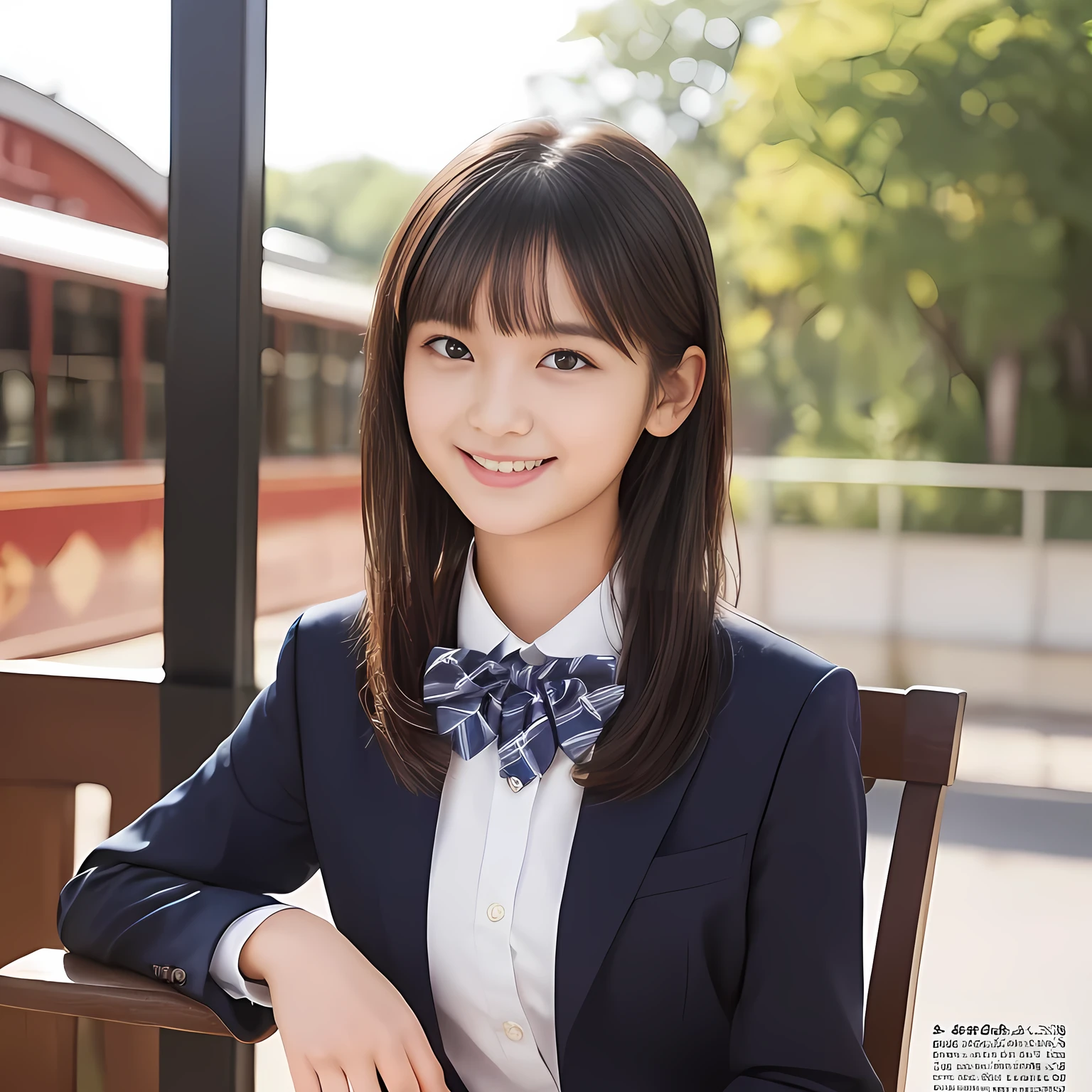 (highest quality, masterpiece:1.2), highest quality, Realistic, photograph, High resolution, 1080p, 8K, Physical Rendering, ((Height: 158cm)), Japanese girl、((((((A 14 year old beautiful Japanese fashion magazine's fashion model is looking straight at the viewer)))))), (((big very detailed beautiful dark brown eyes))), ((((laughing at me!)))), detailed fingers, (((curled blunt bangs))), ((((Very noble and cute eyes, carefully drawn with great attention to detail)))), ((double eyelids)), (((long eyelashes))), ((cute lovely lovely laughing laughing cheeks)), ((The pure white light hits my nose and cheeks. Her eyes and white facial skin shine beautifully white.)), (((((Her facial features are very expressive lovely smile, very sweet, very very intelligent))))), ((((impressive plain navy large school ribbon bow tie in plain)))), ((((black very beautiful and very long hair)))), (blue and navy colored tartan checkered formal long pleated pleated skirt), (((A formal dark blue blazer in solid that is slightly oversized and with a golden emblem))), ((As elegant as a noble princess)), ((Seated on a chair of platform at a rural railway station)), ((Shooting the whole body from the side))