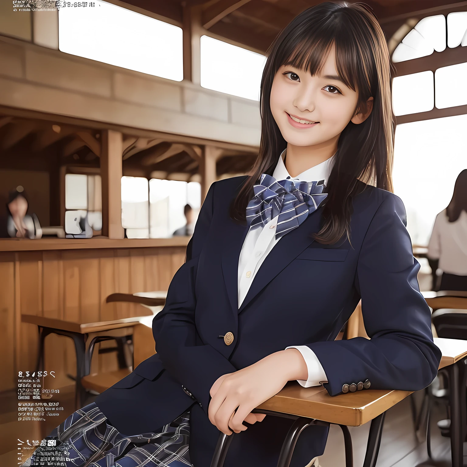 (highest quality, masterpiece:1.2), highest quality, Realistic, photograph, High resolution, 1080p, 8K, Physical Rendering, ((Height: 158cm)), Japanese girl、((((((A 14 year old beautiful Japanese fashion magazine's fashion model is looking straight at the viewer)))))), (((big very detailed beautiful dark brown eyes))), ((((laughing at me!)))), detailed fingers, (((curled blunt bangs))), ((((Very noble and cute eyes, carefully drawn with great attention to detail)))), ((double eyelids)), (((long eyelashes))), ((cute lovely lovely laughing laughing cheeks)), ((The pure white light hits my nose and cheeks. Her eyes and white facial skin shine beautifully white.)), (((((Her facial features are very expressive lovely smile, very sweet, very very intelligent))))), ((((impressive plain navy large school ribbon bow tie in plain)))), ((((black very beautiful and very long hair)))), (blue and navy colored tartan checkered formal long pleated pleated skirt), (((A formal dark blue blazer in solid that is slightly oversized and with a golden emblem))), ((As elegant as a noble princess)), ((Seated on a chair of platform at a rural railway station)), ((Shooting the whole body from the side))