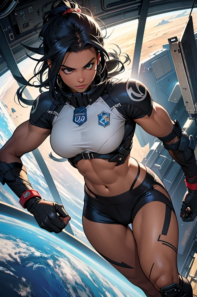 (((mulher))), (((melhor qualidade))), (((obra prima))), (((adulta))), Uma guerreira mulher de 40 anos preta africana com corpo perfeito, Brooklyn Gladiators, hand with steel gloves and metal tips, (( under )), quase nua no estilo selvagem urbano de Simon Bisley para a capa da revista Heavy Metal, cabelo loiro, Minimum clothing, armadura (azul escuro com faixas douradas), cheio de pontas e rebites manchadas de tinta, tatuagenas diversas, (((corpo inteiro))), cabelo louro curto com franja branca cobrindo a testa, fighting on a space station with your own spaceship in the background