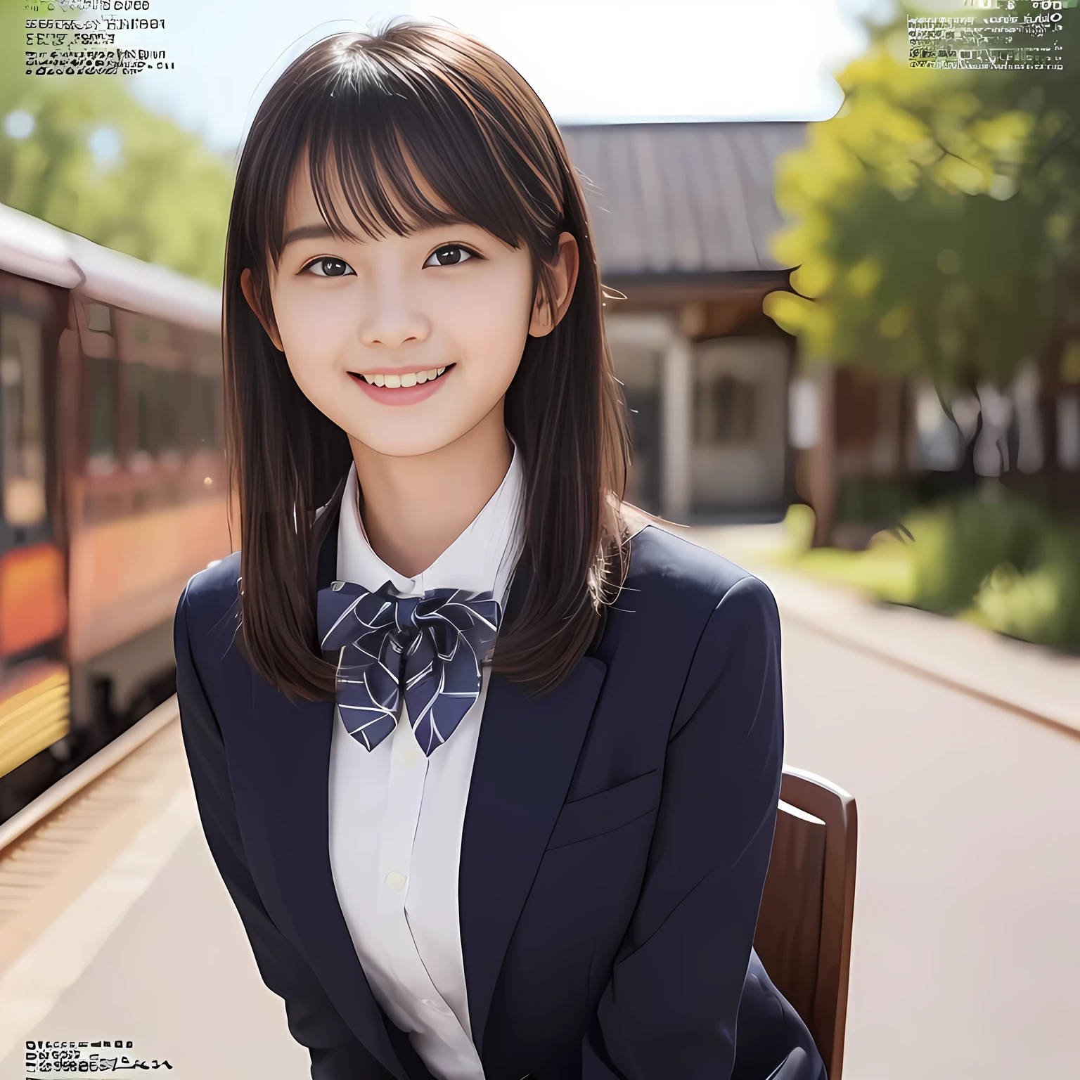 (highest quality, masterpiece:1.2), highest quality, Realistic, photograph, High resolution, 1080p, 8K, Physical Rendering, ((Height: 158cm)), Japanese girl、((((((A  beautiful Japanese fashion magazine's fashion model is looking straight at the viewer)))))), (((big very detailed beautiful dark brown eyes))), ((((laughing at me!)))), detailed fingers, (((curled blunt bangs))), ((((Very noble and cute eyes, carefully drawn with great attention to detail)))), ((double eyelids)), (((long eyelashes))), ((cute lovely lovely laughing laughing cheeks)), ((The pure white light hits my nose and cheeks. Her eyes and white facial skin shine beautifully white.)), (((((Her facial features are very expressive lovely smile, very sweet, very very intelligent))))), ((((impressive plain navy large school ribbon bow tie in plain)))), ((((black very beautiful and very long hair)))), (blue and navy colored tartan checkered formal long pleated pleated skirt), (((A formal dark blue blazer in solid that is slightly oversized and with a golden emblem))), ((As elegant as a noble princess)), ((Seated on a chair of platform at a rural railway station)), ((Shooting the whole body from the side))