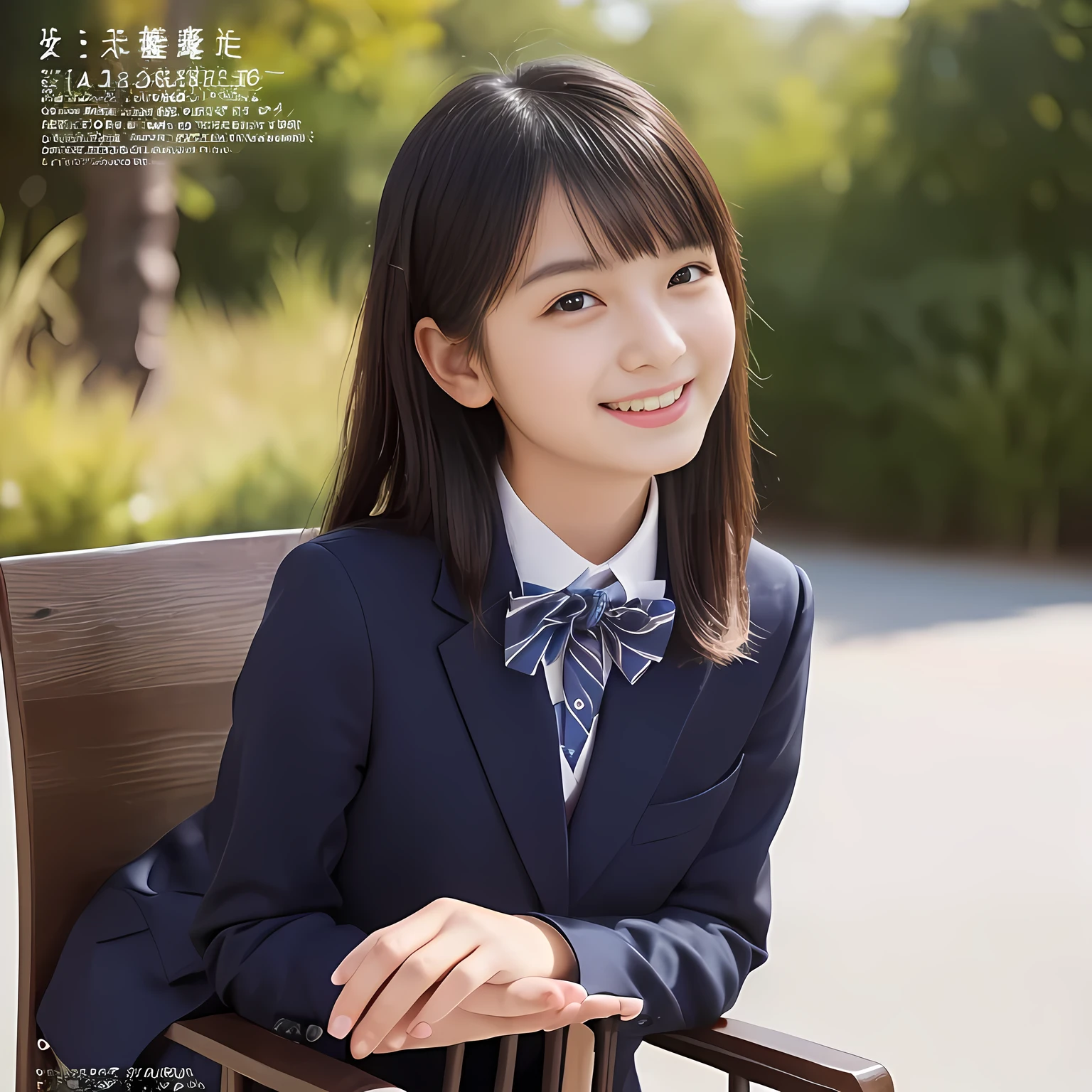(highest quality, masterpiece:1.2), highest quality, Realistic, photograph, High resolution, 1080p, 8K, Physical Rendering, ((Height: 158cm)), Japanese girl、((((((A 14 year old beautiful Japanese fashion magazine's fashion model is looking straight at the viewer)))))), (((big very detailed beautiful dark brown eyes))), ((((laughing at me!)))), detailed fingers, (((curled blunt bangs))), ((((Very noble and cute eyes, carefully drawn with great attention to detail)))), ((double eyelids)), (((long eyelashes))), ((cute lovely lovely laughing laughing cheeks)), ((The pure white light hits my nose and cheeks. Her eyes and white facial skin shine beautifully white.)), (((((Her facial features are very expressive lovely smile, very sweet, very very intelligent))))), ((((impressive plain navy large school ribbon bow tie in plain)))), ((((black very beautiful and very long hair)))), (blue and navy colored tartan checkered formal long pleated pleated skirt), (((A formal dark blue blazer in solid that is slightly oversized and with a golden emblem))), ((As elegant as a noble princess)), ((Seated on a chair of platform at a rural railway station)), ((Shooting the whole body from the side))