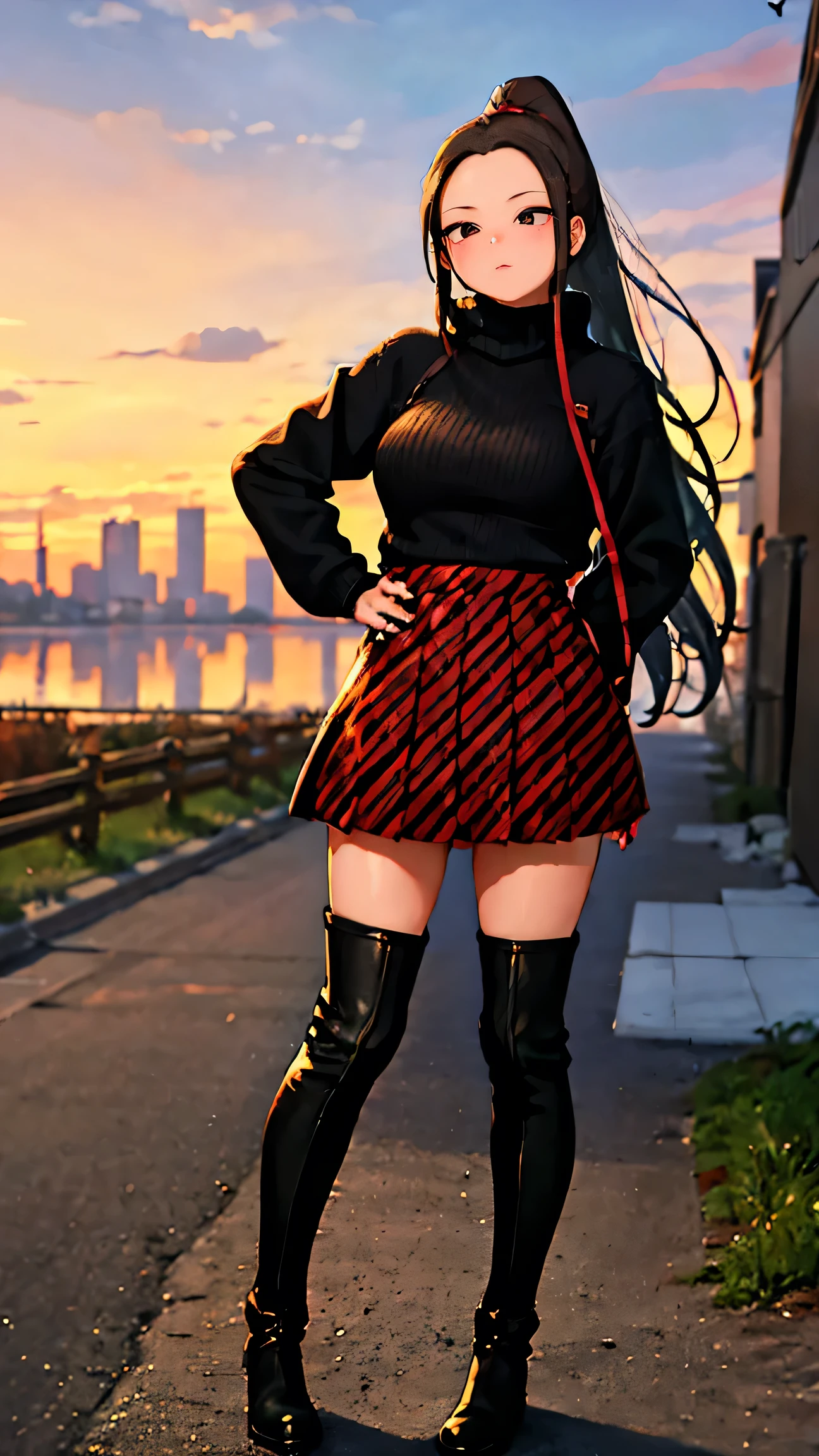 1girl, boots, hand on hip, ponytail, long hair, black footwear, plaid, thighhighs, thigh boots, solo, red eyes, coat, black hair, sunset, looking at viewer, full body, turtleneck, autumn, turtleneck sweater, nail polish, high ponytail, skirt, bangs, breasts, standing, outdoors
