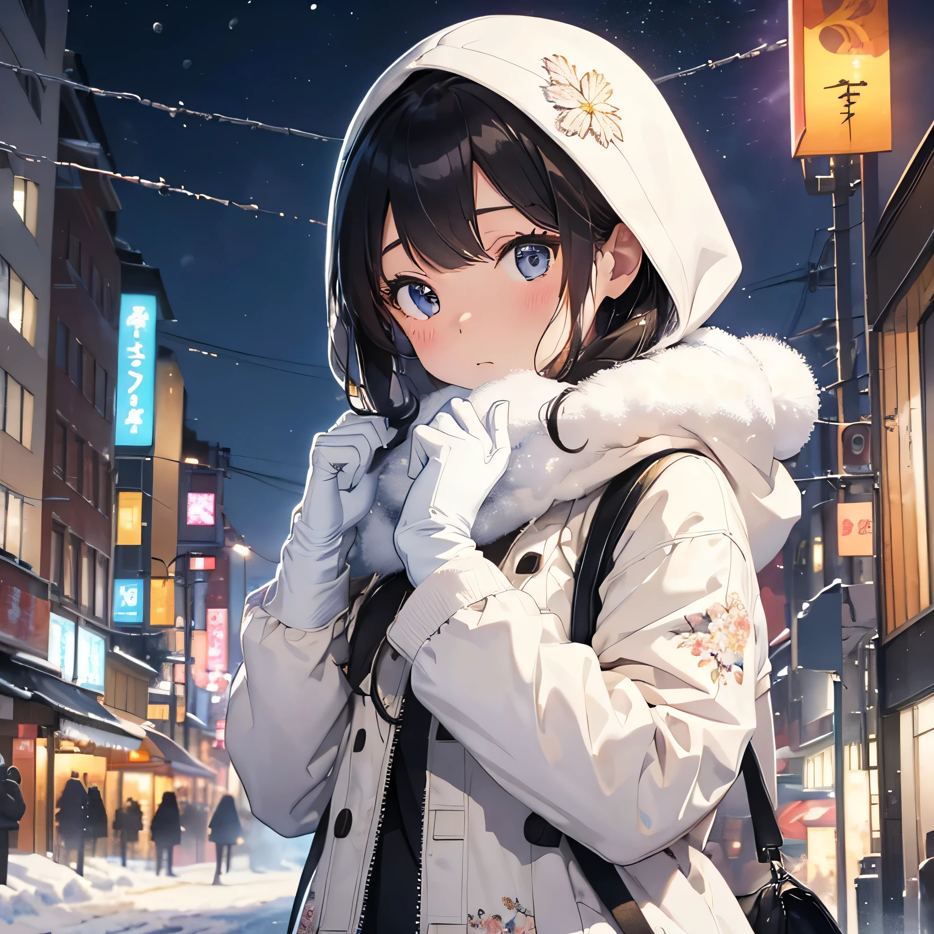 Sapporo city, Hokkaido in winter、Snowing Night、A 20-year-old woman wearing a beige hooded coat、((White wool gloves with floral pattern))He is blowing on his hand that is wearing a、Close-up of a woman's upper body、The town lights are twinkling