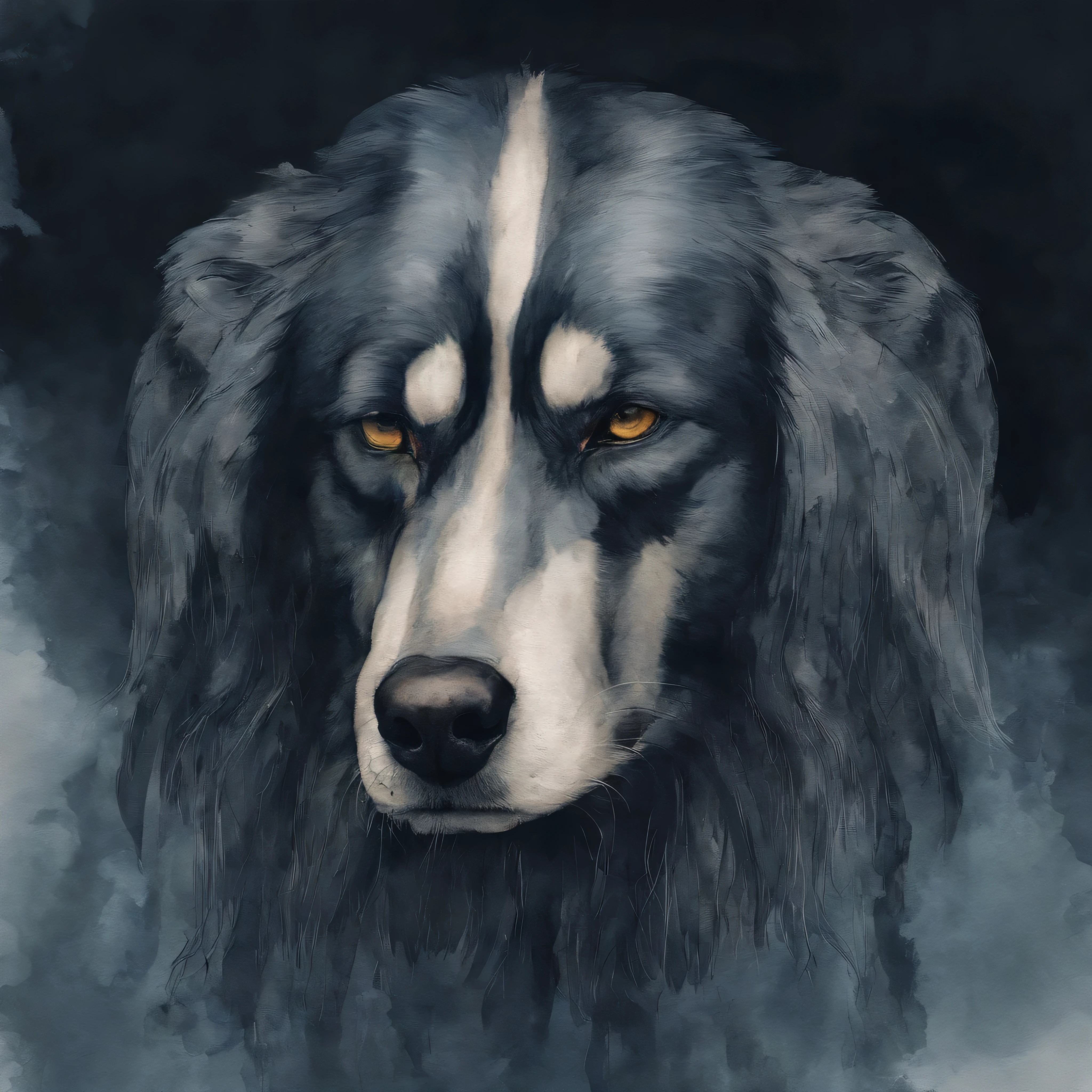 ((Best quality, 8K, Masterpiece: 1.4)),((Amazing detail: 1.3)),((Watercolor illustration: 1.2)),((high resolution: 1.1)),Thick painting style，(Critters)，1 dog，Blue solid background，in style of ghibli，head portrait，Anime avatar，Huskies，Grim expression，sharp look，Beautifully detailed dogs，structurally correct，Photorealistic，Delicate hair，Photo art