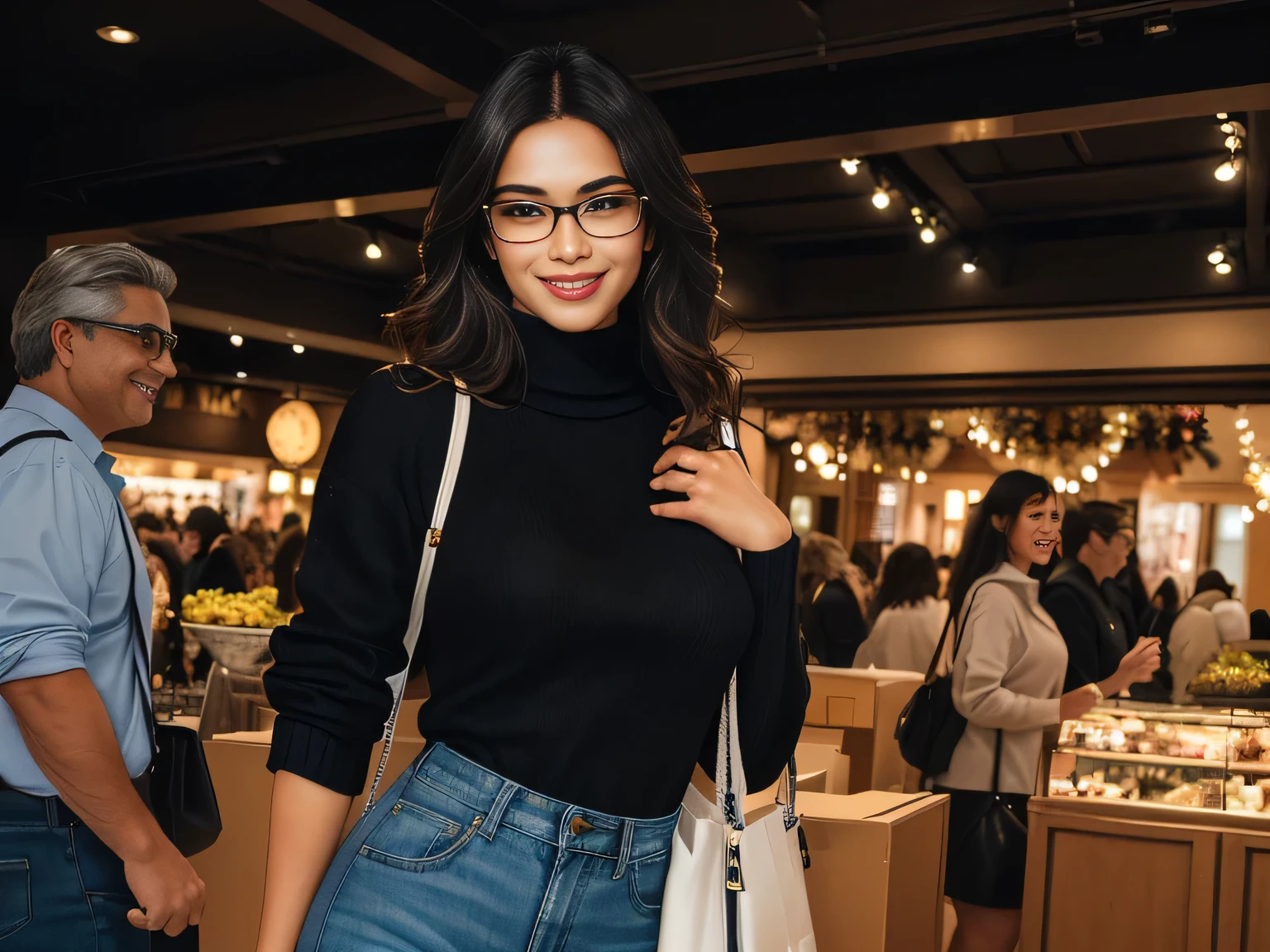 A beautiful Brazilian woman, wearing glasses, confident with white tanned skin and medium length dark hair, hair is styled loose, wearing blue jeans and a black collared shirt, a beige bag hanging on her shoulder, She is smiling slightly and appears to be posing for the photo. Behind her is a lively scene with other people engaged in various activities; some are shopping at stalls, while others appear to be enjoying a casual meeting or event. The room has an indoor feel with warm lighting and decorative elements that suggest a festive, casually dressed Disney Spring ambience in front of the T-REX restaurant in Disney Spring, wearing a black turtleneck sweater. She is around 40 years old, 162 cm tall and weighs 56 kg. Her body exudes glamor and her face is a definition of beauty. Slender body, thin waist. Highly realistic, hyperrealism, very elaborate skin, hyperrealism, high quality photo. Sharp Photo, High Resolution, High Quality, Masterpiece, 16K Photo, Sharp Photo, High Contrast, Masterpiece, (Photographically Realistic), 16k, NUDE, NUDITY, NFSW.