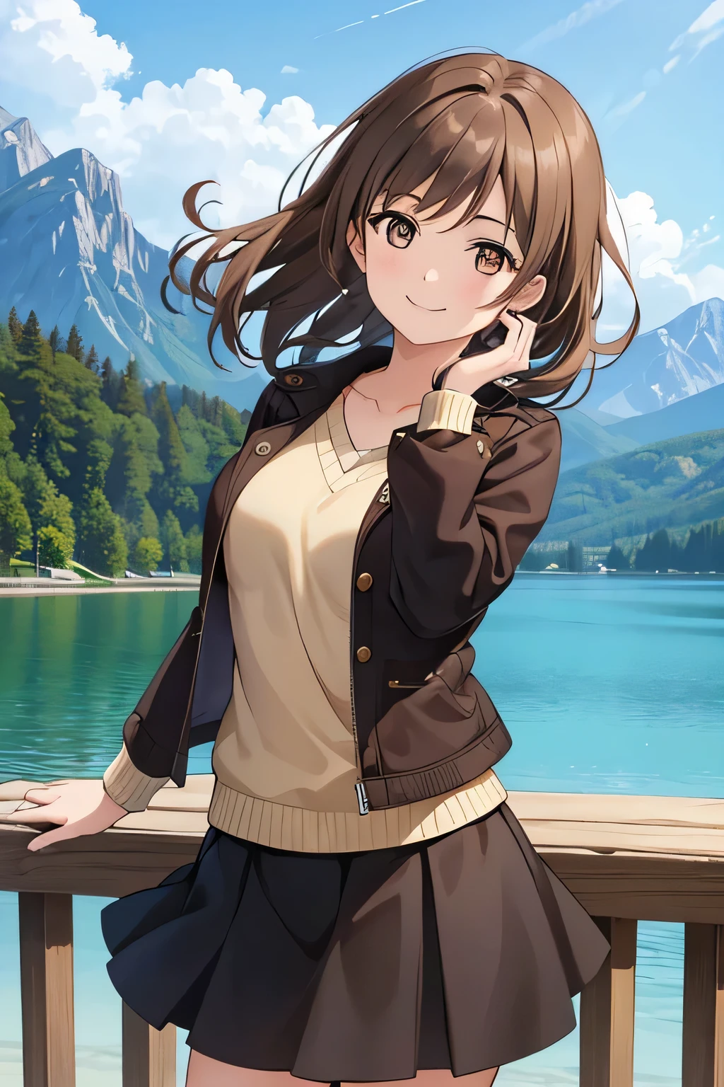 A girl with brown eyes, brown hair, with a smile on her lips, is wearing a skirt, a shirt, and looks at a jacket, above and just behind her, a very beautiful lake that extends in the background, as well as some mountains very far in the background.