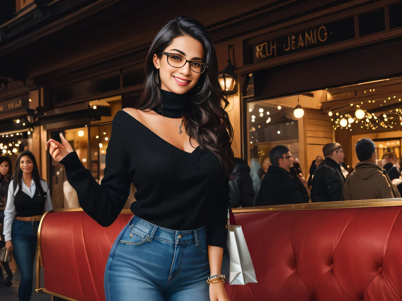 A beautiful Brazilian woman, wearing glasses, confident with white tanned skin and medium length dark hair, hair is styled loose, wearing blue jeans and a black collared shirt, a beige bag hanging on her shoulder, She is smiling slightly and appears to be posing for the photo. Behind her is a lively scene with other people engaged in various activities; some are shopping at stalls, while others appear to be enjoying a casual meeting or event. The room has an indoor feel with warm lighting and decorative elements that suggest a festive, casually dressed Disney Spring ambience in front of the T-REX restaurant in Disney Spring, wearing a black turtleneck sweater. She is around 40 years old, 162 cm tall and weighs 56 kg. Her body exudes glamor and her face is a definition of beauty. Slender body, thin waist. Highly realistic, hyperrealism, very elaborate skin, hyperrealism, high quality photo. Sharp Photo, High Resolution, High Quality, Masterpiece, 16K Photo, Sharp Photo, High Contrast, Masterpiece, (Photographically Realistic), 16k, NUDE, NUDITY, NFSW.