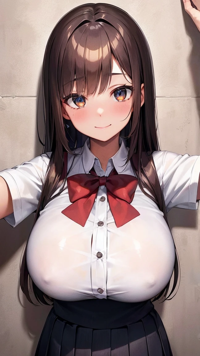 high resolution, extremely detailed CG, unity 8k wallpaper, super detailed skin, perfect anatomy, detailed, cinematic lighting, dynamic lighting, beautiful detailed eyes, one girl, cowboy shot, arms behind back, smile, (beautiful girl, delicate girl:1.3), (:1.3), extremely fine-grained clarity, (symmetrical eyes:1.3), (front of wall:1.2), (spring school uniform:1.3), (gigantic breasts:1.2), brown eyes, hair over one eye, tanned skin, young girl, (Eye and face details:1.0), (embarrassing:1.2)