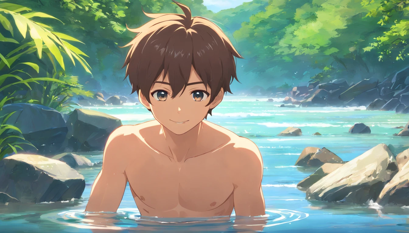  teenager sitting in the water，Shirtless，with fair skin，ssmile