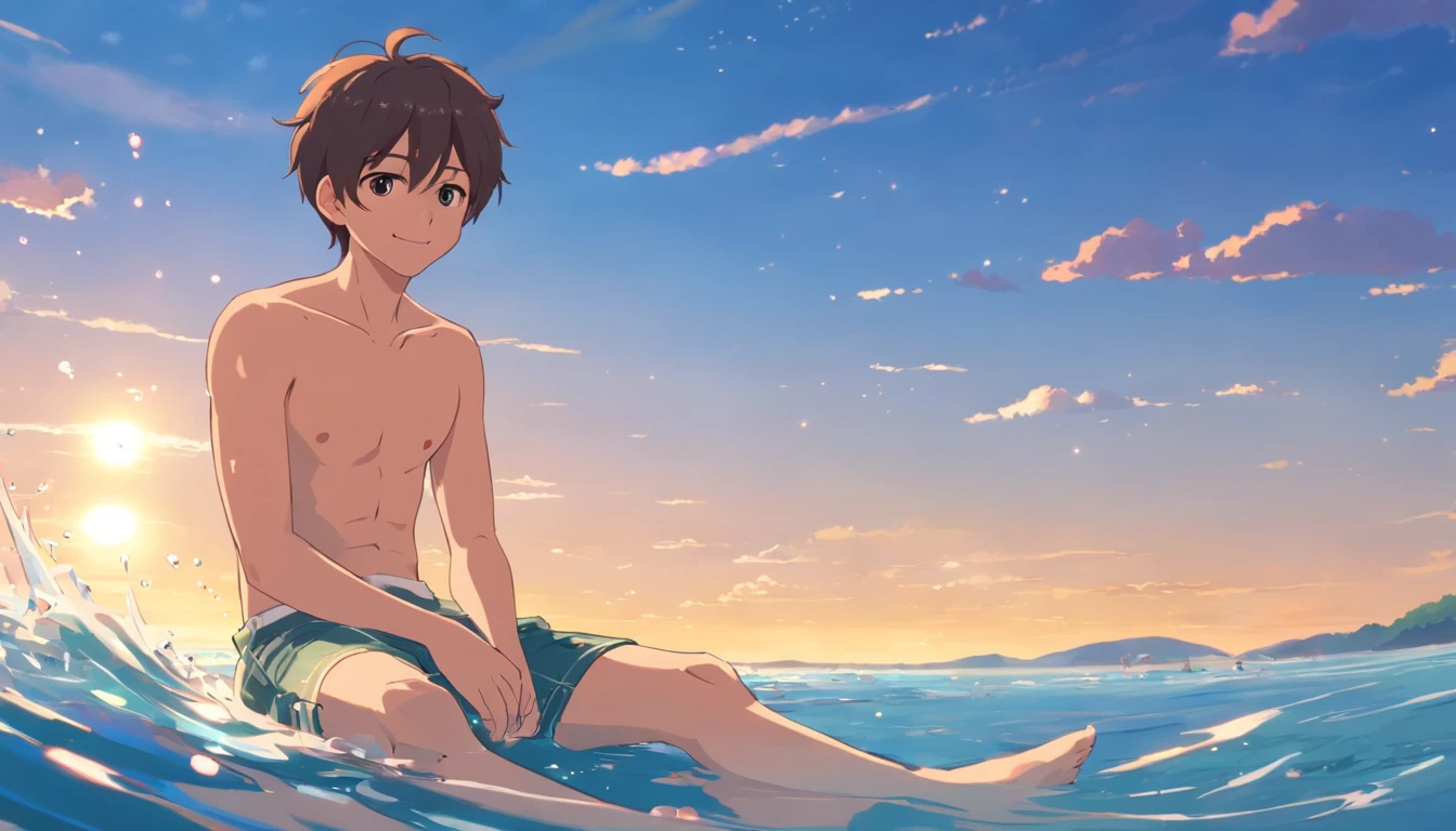 Boy teenager sitting in the water,Shirtless,with fair skin,ssmile