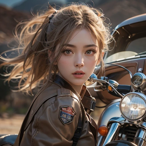 Riding a Harley Motorcycle、Running in the desert、Hair flow、 ((highest quality、masterpiece、8k、Best image quality、Ultra-high resolution、Award-winning works)、(Woman close up'Face:1.35)、(裸Faceのクローズアップ:1.3)、(Accurate anatomy:1.1)、(Look at me and smile:1.1)、Shining fair skin with Ultra-high resolution、The most detailed face、Ultra-high resolution detailed face、Ultra-high resolutionの髪の毛、(Ultra-high resolutionの煌めく瞳:1.1)、Beautiful face drawn in every detail、(Blurred Background:1.1)、