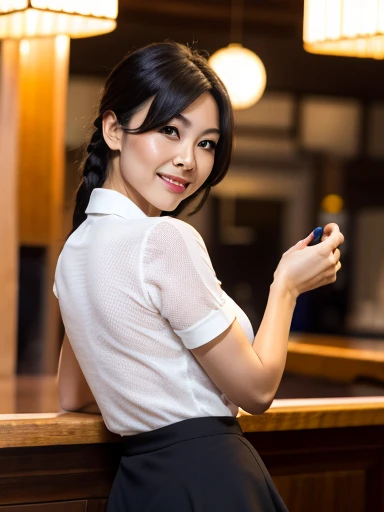 (masterpiece), (best quality), 8k, detailed background, depth of field,MILF, 1 ultra hot sexy alluring girl, solo, beautiful japanese mature woman, mature sexy female, college girls style , full waist up pose , upper knees pose , braid black hair , brown eyes, blush, gloss lips, (smirk), large breasts, sexy body, white collared unbuttoned shirt, tight short sleeves, black tight short skirt, inside a night club party ,thigh highs, looking at viewer, standing with tempting pose, sexy damp , nice sexy cleavage