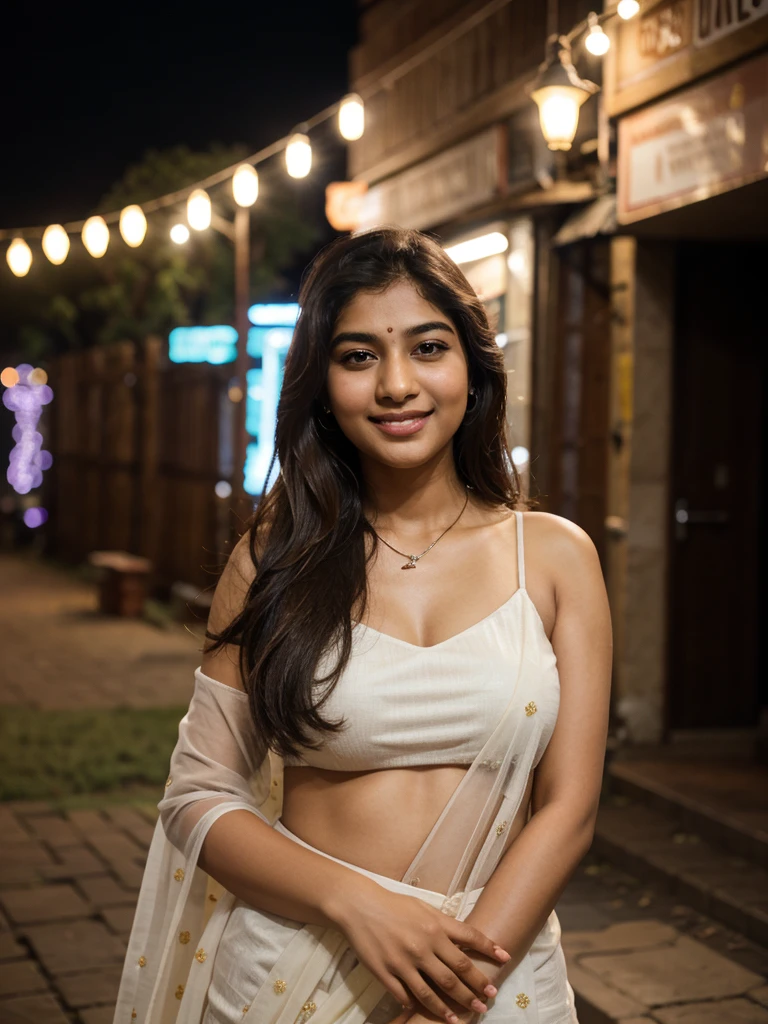 Best quality, masterpiece, super high resolution, pure body, clear pores visible, (smile:0.8), (((desi girl))), chubby face, 24 years old indian bengali girl look like sai pallavi who wearing cyan color indian churidar with light white color dupatta, (realism:1.5), original photo, bare shoulders, in the dark, night, deep shadows, low-key, cold light, kind face, beautiful light wavy thin hair(not heavy hair), attractive neck, beautiful lip, beautiful-cute brown eyes, light and thin eyebrows, no makeup, wearing light thin necklace in her neck, and smiling.skin color should be chocolate skin and lip light pink color Take her picture from outside of the indian wedding event. Show me her full picture (from head to her leg), indian pose, city indian streets background, bokeh,no dot in her forehead, smile in her face
