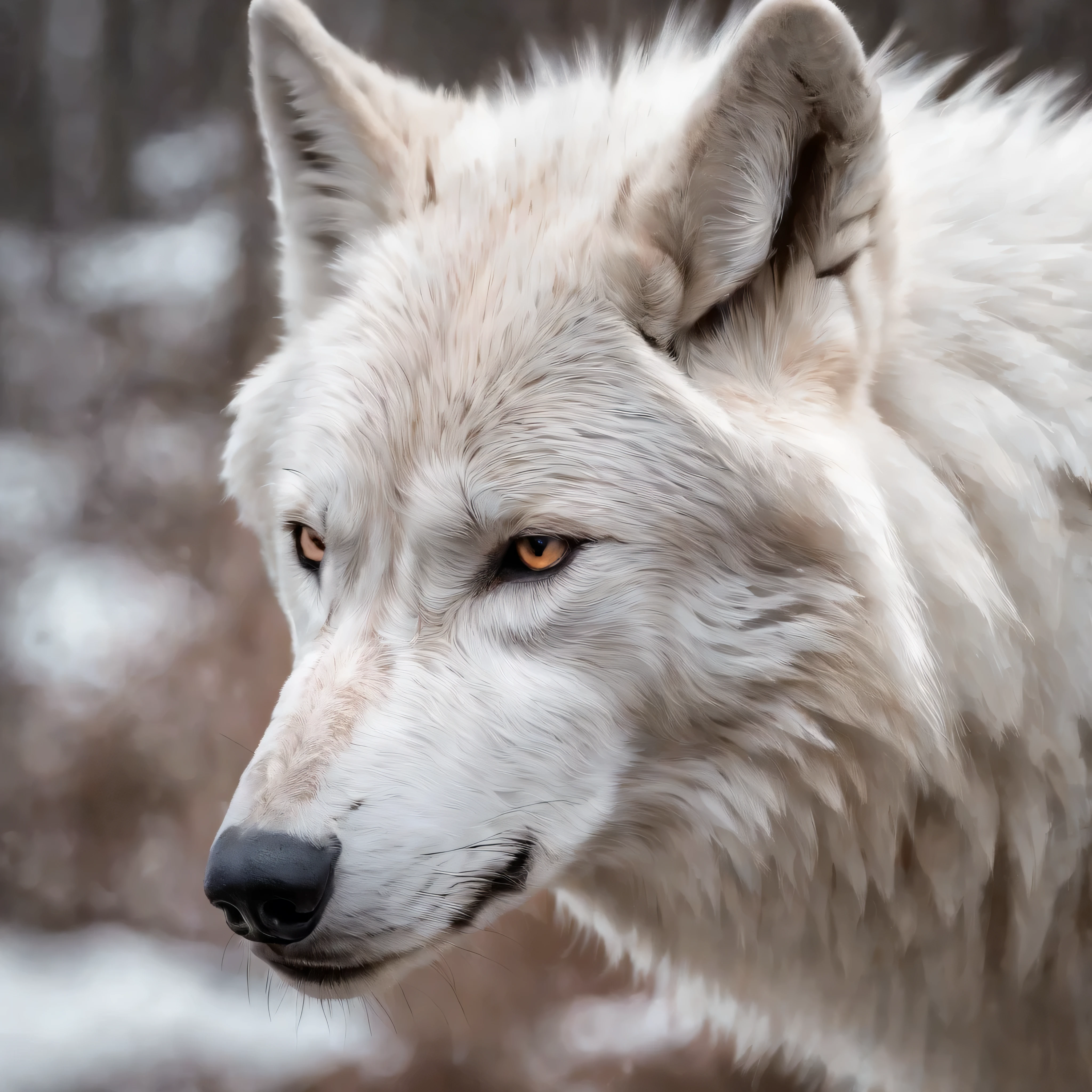 portrait of a white wolf and large, piercing, fixed gaze drawn in the style of concept art found in the Metal Gear Solid art book. Focus on the abstract, Impressionistic and gestural elements, Utilisation des rayures, Stains and dry brushing to create a sense of movement and texture in the image. Explore the wolf's collarbone and shoulders, Highlight details like wings and feathers that evoke an ethereal feeling.

Utilisez une palette de couleurs qui comprend des nuances de noir, blanc, lilas, copper and gold to create a vivid and mysterious contrast. Make sure the image is abstract, with broken edges and a high-definition feel. Try to capture the essence of the Ghost Wolf while incorporating stylistic and technical elements from concept art from the Metal Gear Solid art book. Use watercolor to add depth and detail to the image.
