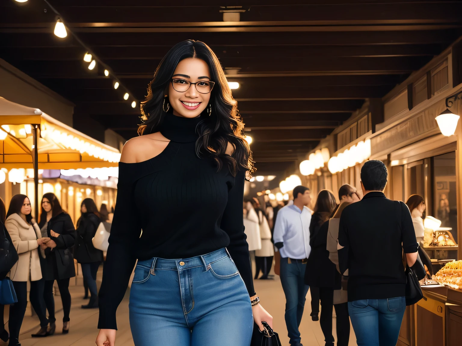 A beautiful Brazilian woman, wearing glasses, confident with white tanned skin and medium length dark hair, hair is styled loose, wearing blue jeans and a black collared shirt, a beige bag hanging on her shoulder, She is smiling slightly and appears to be posing for the photo. Behind her is a lively scene with other people engaged in various activities; some are shopping at stalls, while others appear to be enjoying a casual meeting or event. The room has an indoor feel with warm lighting and decorative elements that suggest a festive, casually dressed Disney Spring ambience in front of the T-REX restaurant in Disney Spring, wearing a black turtleneck sweater. She is around 40 years old, 162 cm tall and weighs 56 kg. Her body exudes glamor and her face is a definition of beauty. Slender body, thin waist. Highly realistic, hyperrealism, very elaborate skin, hyperrealism, high quality photo. Sharp Photo, High Resolution, High Quality, Masterpiece, 16K Photo, Sharp Photo, High Contrast, Masterpiece, (Photographically Realistic), 16k, NUDE, NUDITY, NFSW.