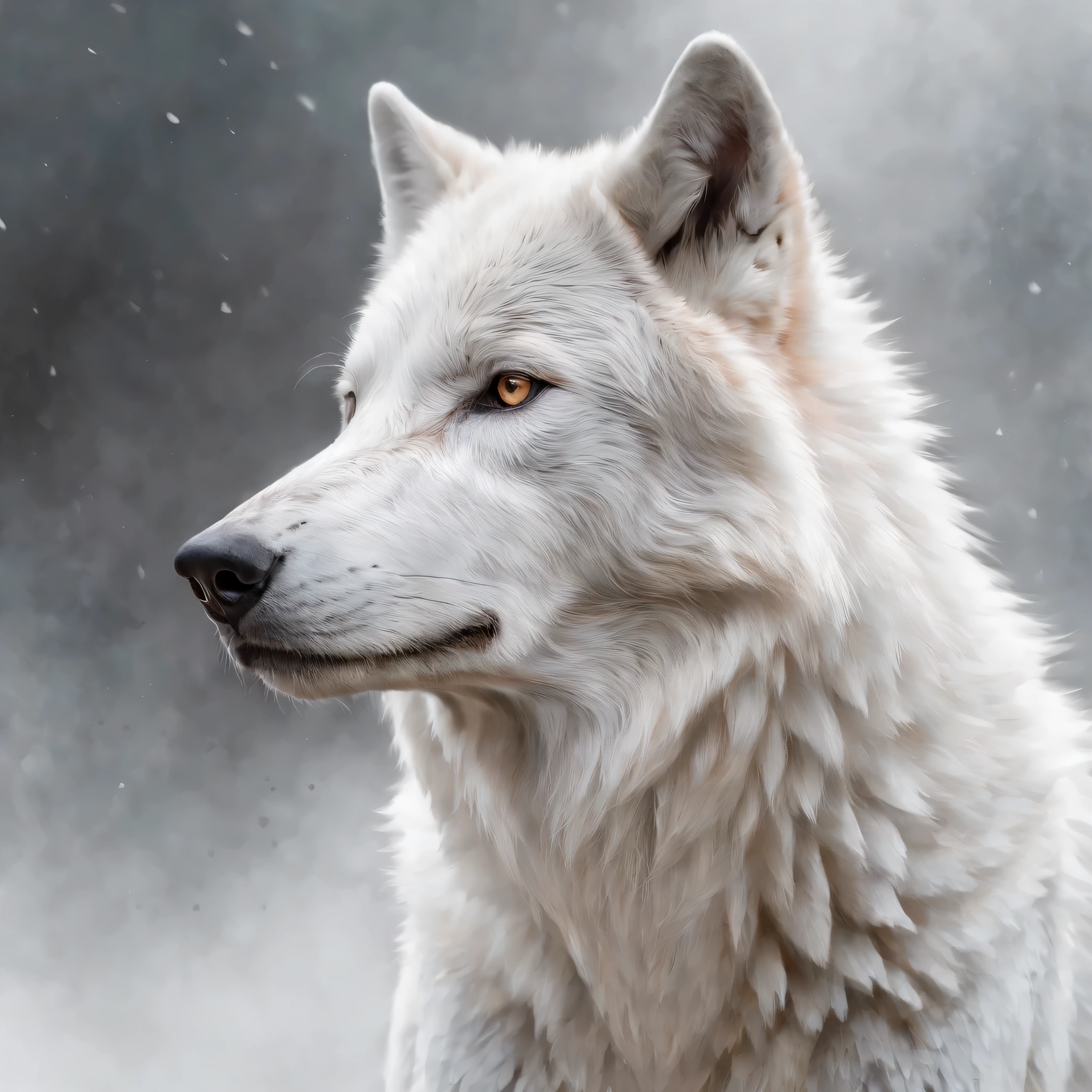 portrait of a white wolf and large, piercing, fixed gaze drawn in the style of concept art found in the Metal Gear Solid art book. Focus on the abstract, Impressionistic and gestural elements, Utilisation des rayures, Stains and dry brushing to create a sense of movement and texture in the image. Explore the wolf's collarbone and shoulders, Highlight details like wings and feathers that evoke an ethereal feeling.

Utilisez une palette de couleurs qui comprend des nuances de noir, blanc, lilas, copper and gold to create a vivid and mysterious contrast. Make sure the image is abstract, with broken edges and a high-definition feel. Try to capture the essence of the Ghost Wolf while incorporating stylistic and technical elements from concept art from the Metal Gear Solid art book. Use watercolor to add depth and detail to the image.