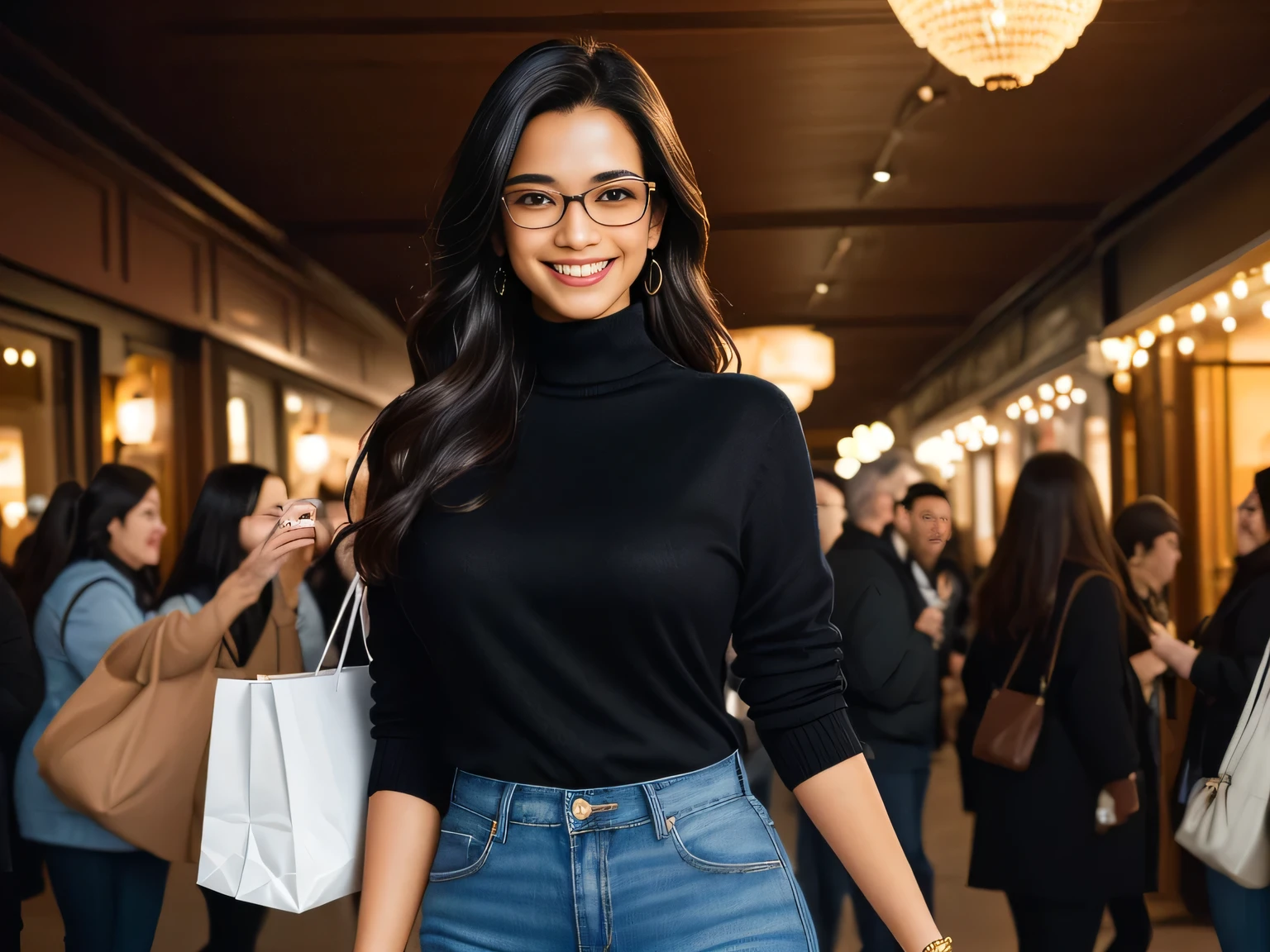 A beautiful Brazilian woman, wearing glasses, confident with white tanned skin and medium length dark hair, hair is styled loose, wearing blue jeans and a black collared shirt, a beige bag hanging on her shoulder, She is smiling slightly and appears to be posing for the photo. Behind her is a lively scene with other people engaged in various activities; some are shopping at stalls, while others appear to be enjoying a casual meeting or event. The room has an indoor feel with warm lighting and decorative elements that suggest a festive, casually dressed Disney Spring ambience in front of the T-REX restaurant in Disney Spring, wearing a black turtleneck sweater. She is around 40 years old, 162 cm tall and weighs 56 kg. Her body exudes glamor and her face is a definition of beauty. Slender body, thin waist. Highly realistic, hyperrealism, very elaborate skin, hyperrealism, high quality photo. Sharp Photo, High Resolution, High Quality, Masterpiece, 16K Photo, Sharp Photo, High Contrast, Masterpiece, (Photographically Realistic), 16k, NUDE, NUDITY, NFSW.